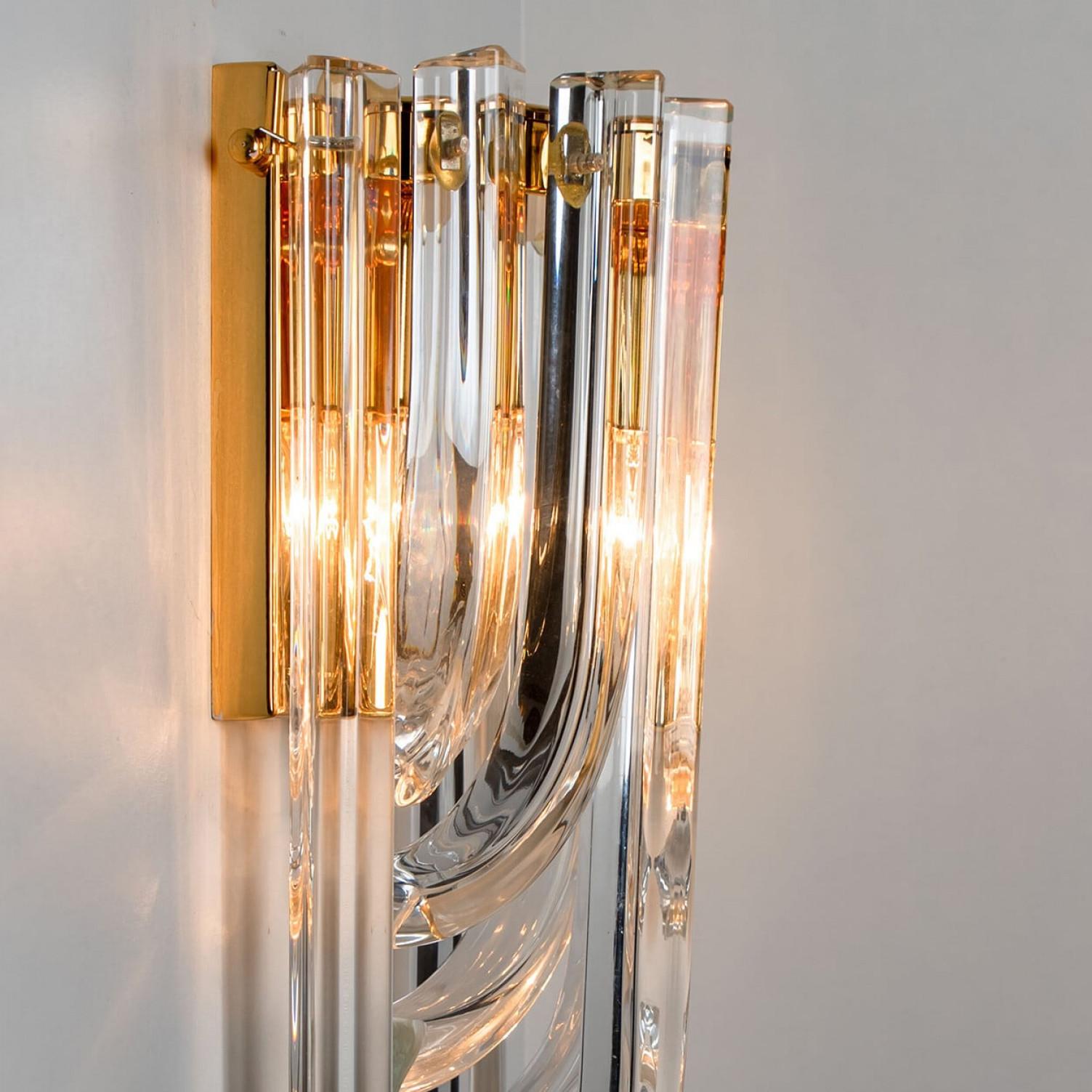 Italian Venini Wall Light, Curved Crystal Glass and Gilt Brass, Italy For Sale