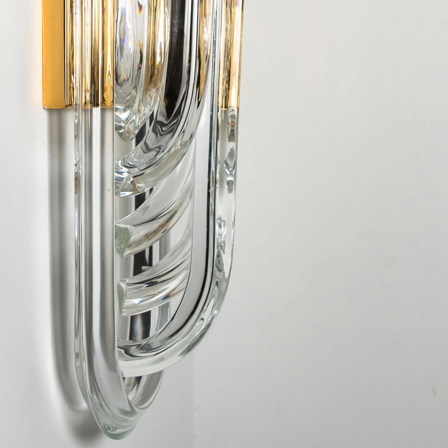 Other Venini Wall Light, Curved Crystal Glass and Gilt Brass, Italy For Sale