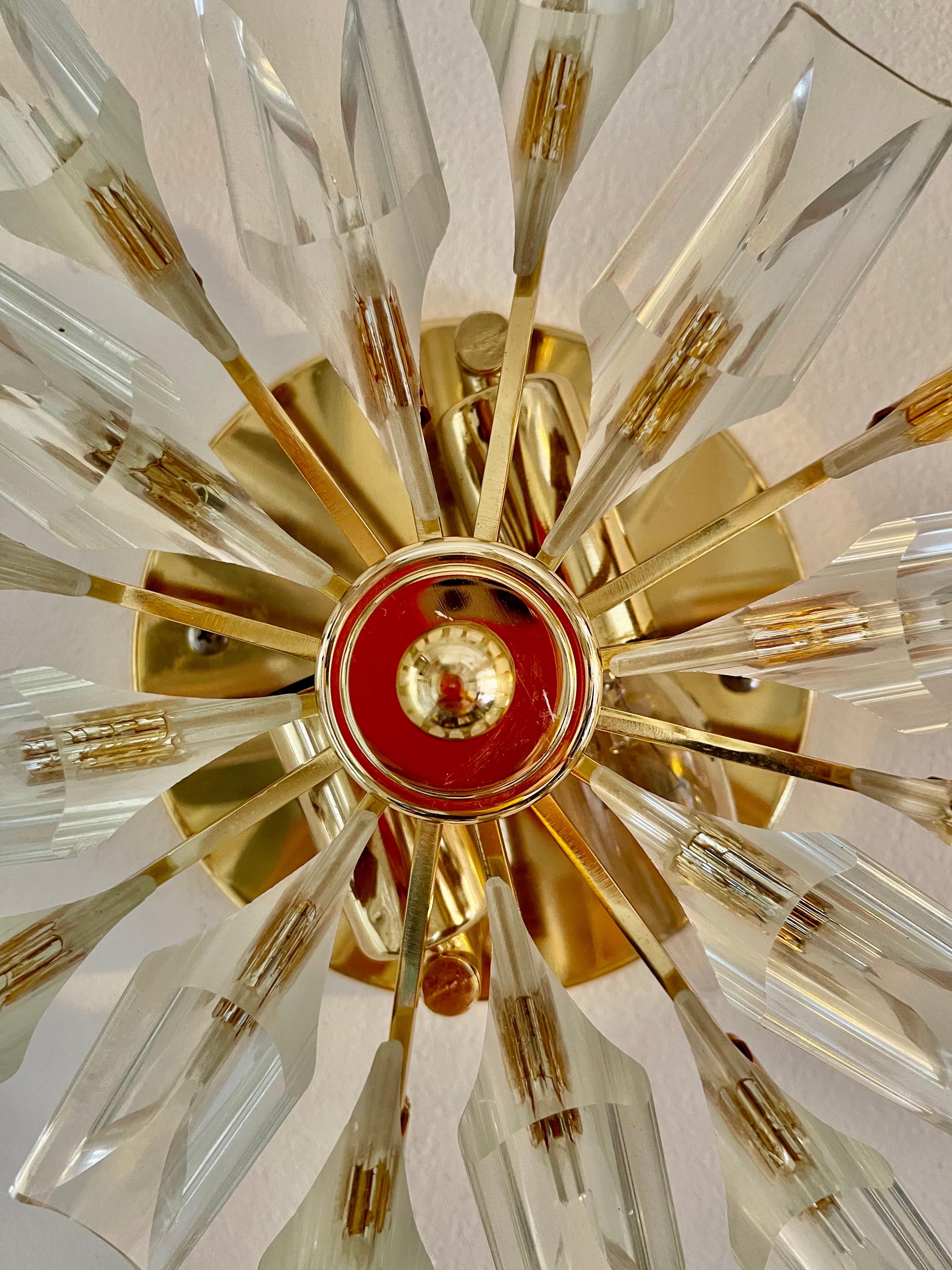 Italian Oscar Torlasco Attr Wall Lighting Glass with Gilt Gold Structure, Italy, 1980 For Sale