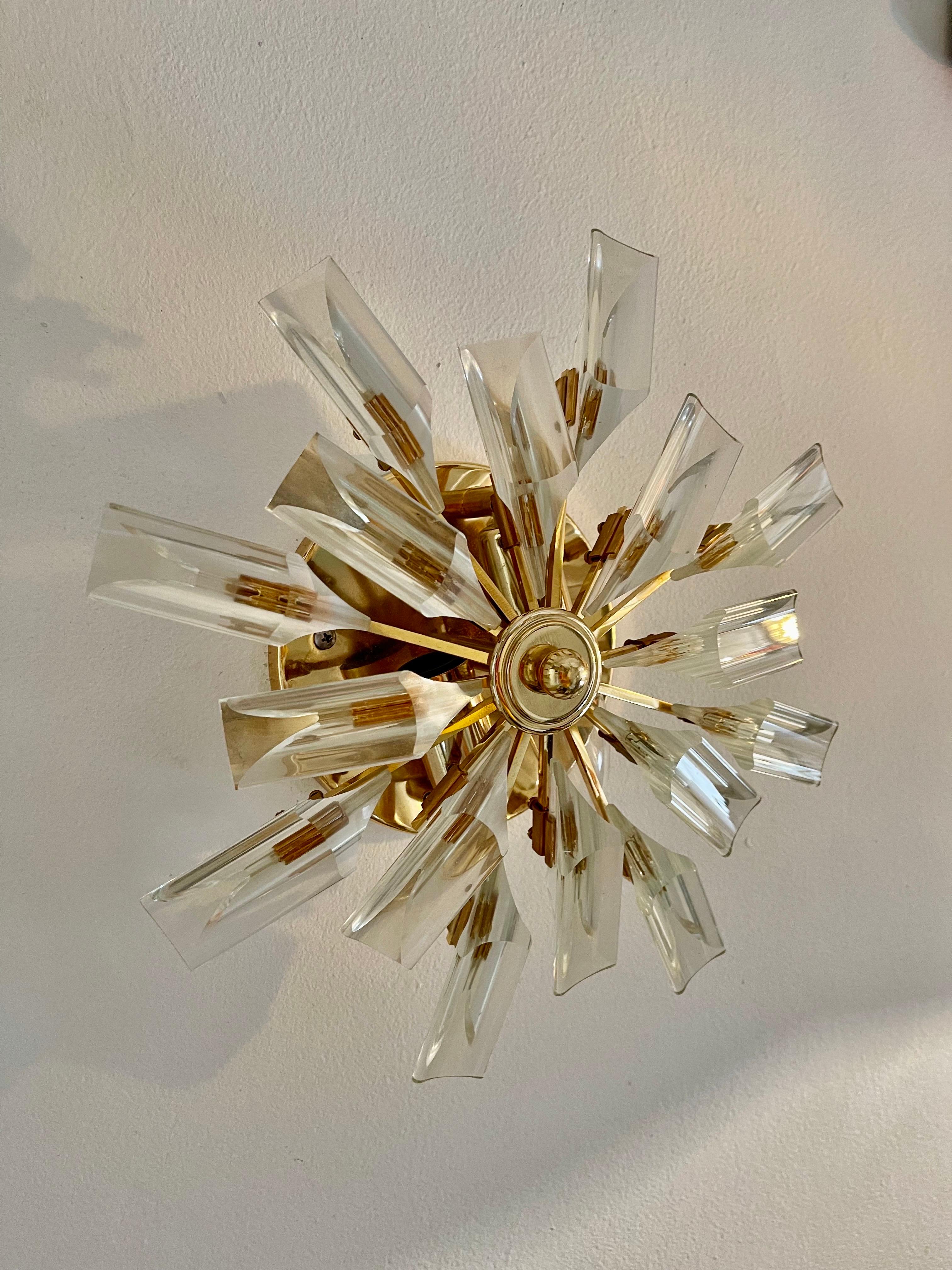 Late 20th Century Oscar Torlasco Attr Wall Lighting Glass with Gilt Gold Structure, Italy, 1980 For Sale