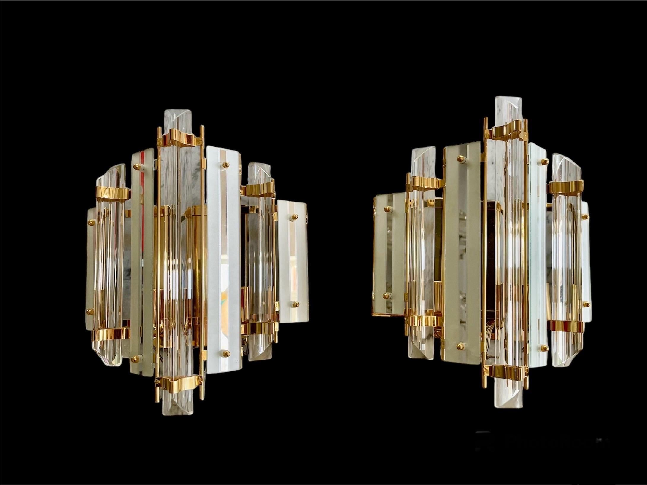 Late 20th Century Venini Wall Lighting Pair Glass with Gilt Gold Structure, Italy, 1970 For Sale