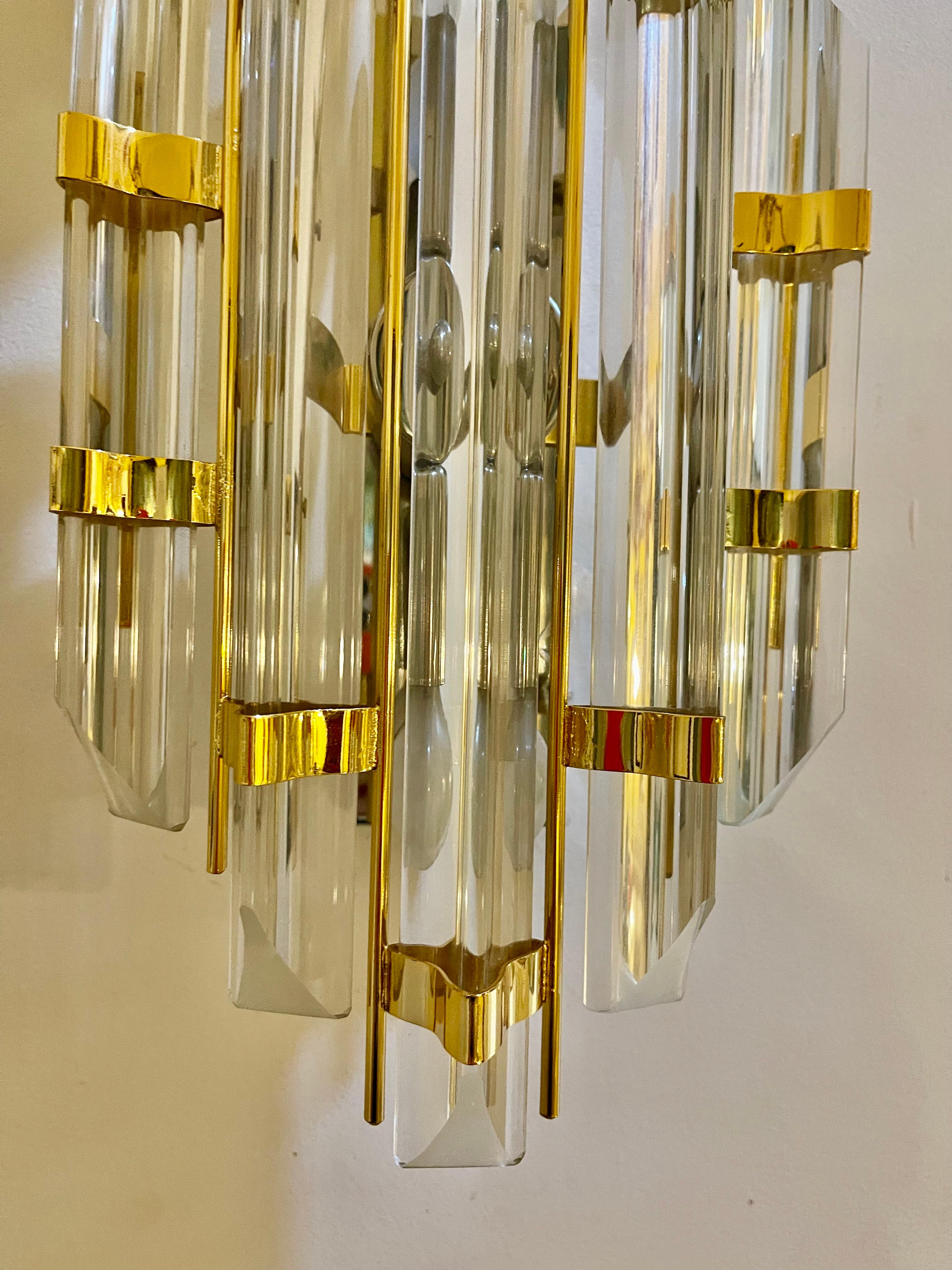 Late 20th Century Camer Wall Lighting Pair Glass with Gilt Gold Structure, Italy, 1970 For Sale
