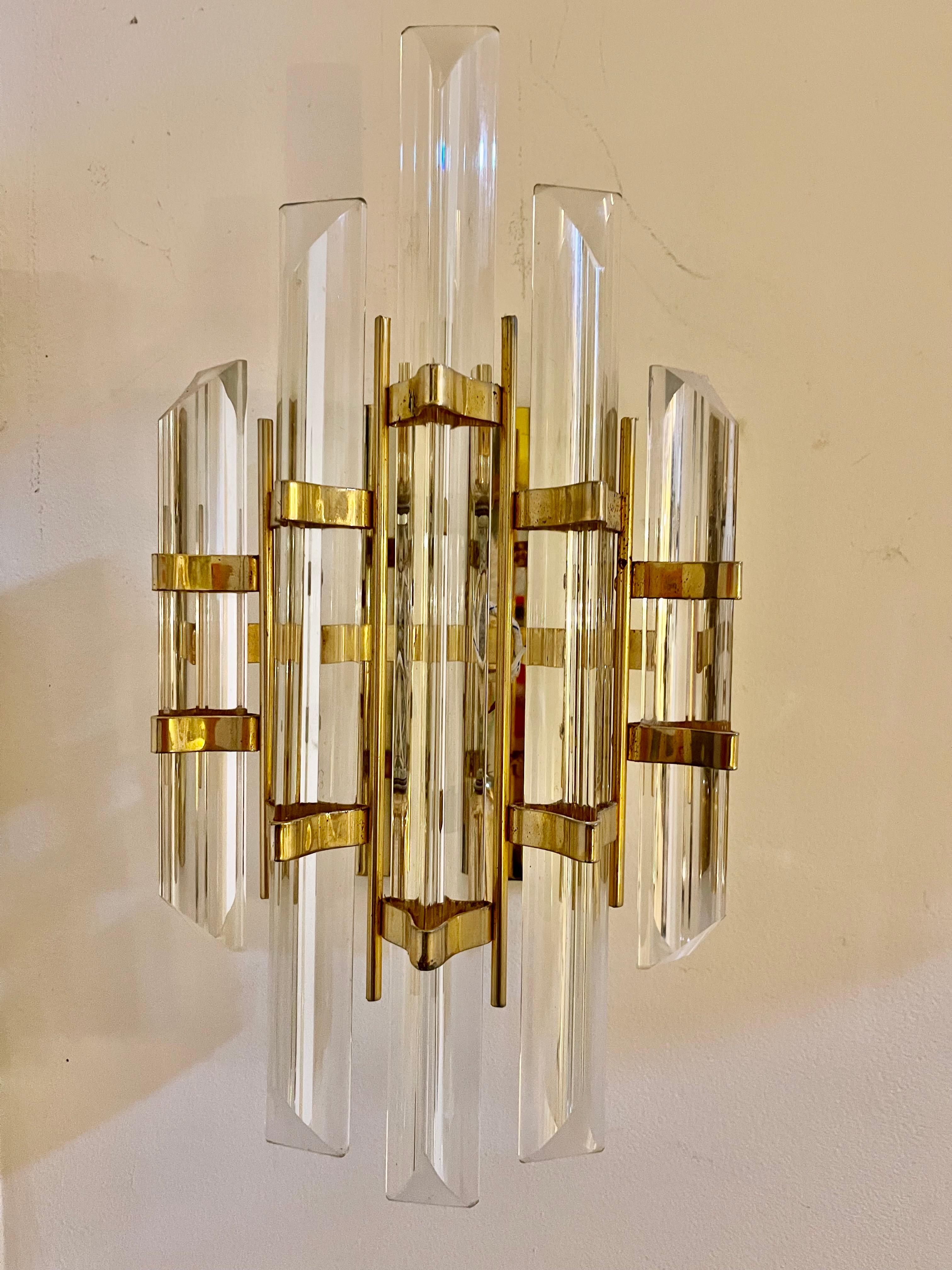Murano Glass Camer Wall Lighting Pair Glass with Gilt Gold Structure, Italy, 1970 For Sale