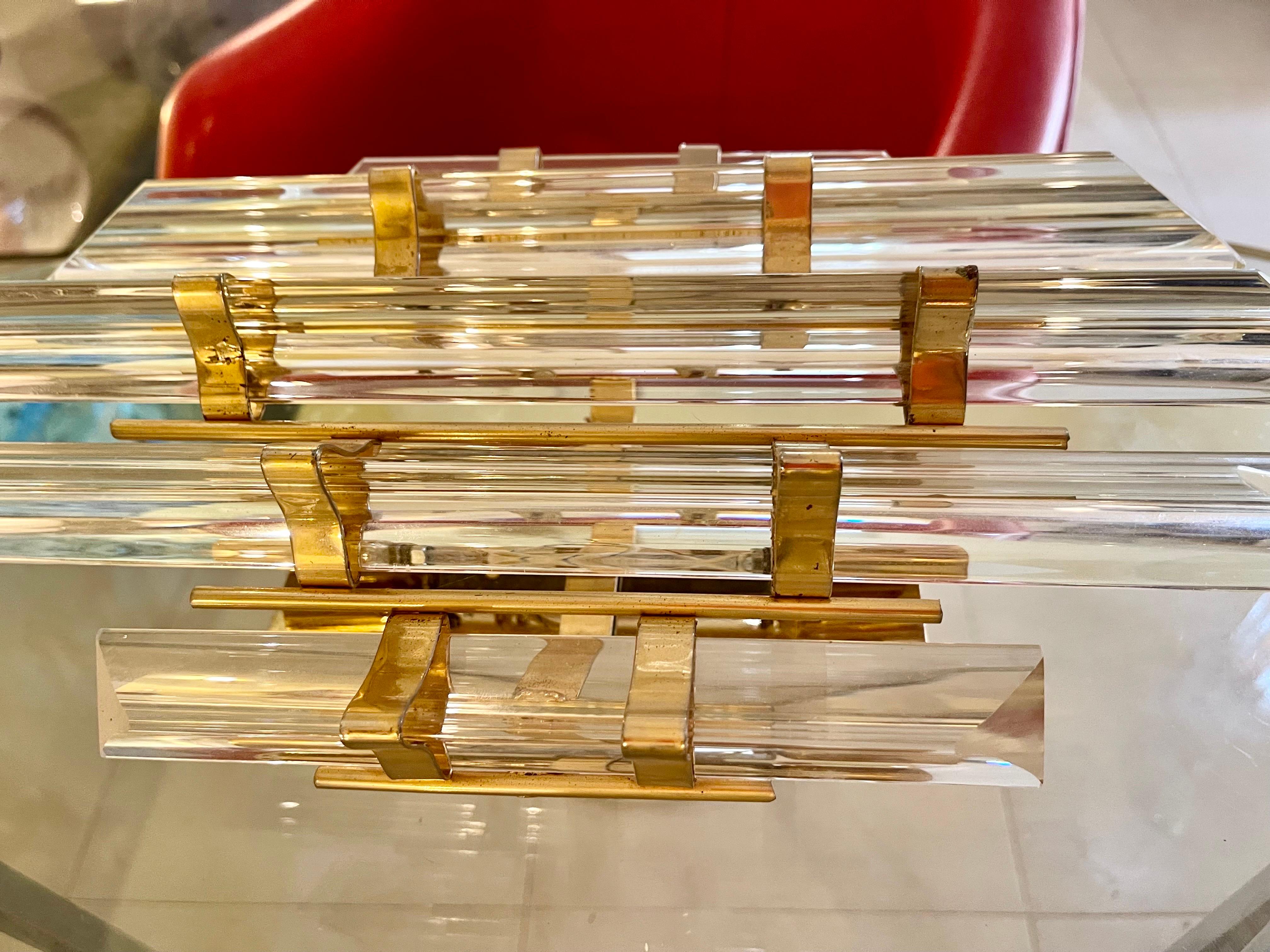 Mid-Century Modern Camer Wall Lighting Pair Glass with Gilt Gold Structure, Italy, 1970 For Sale