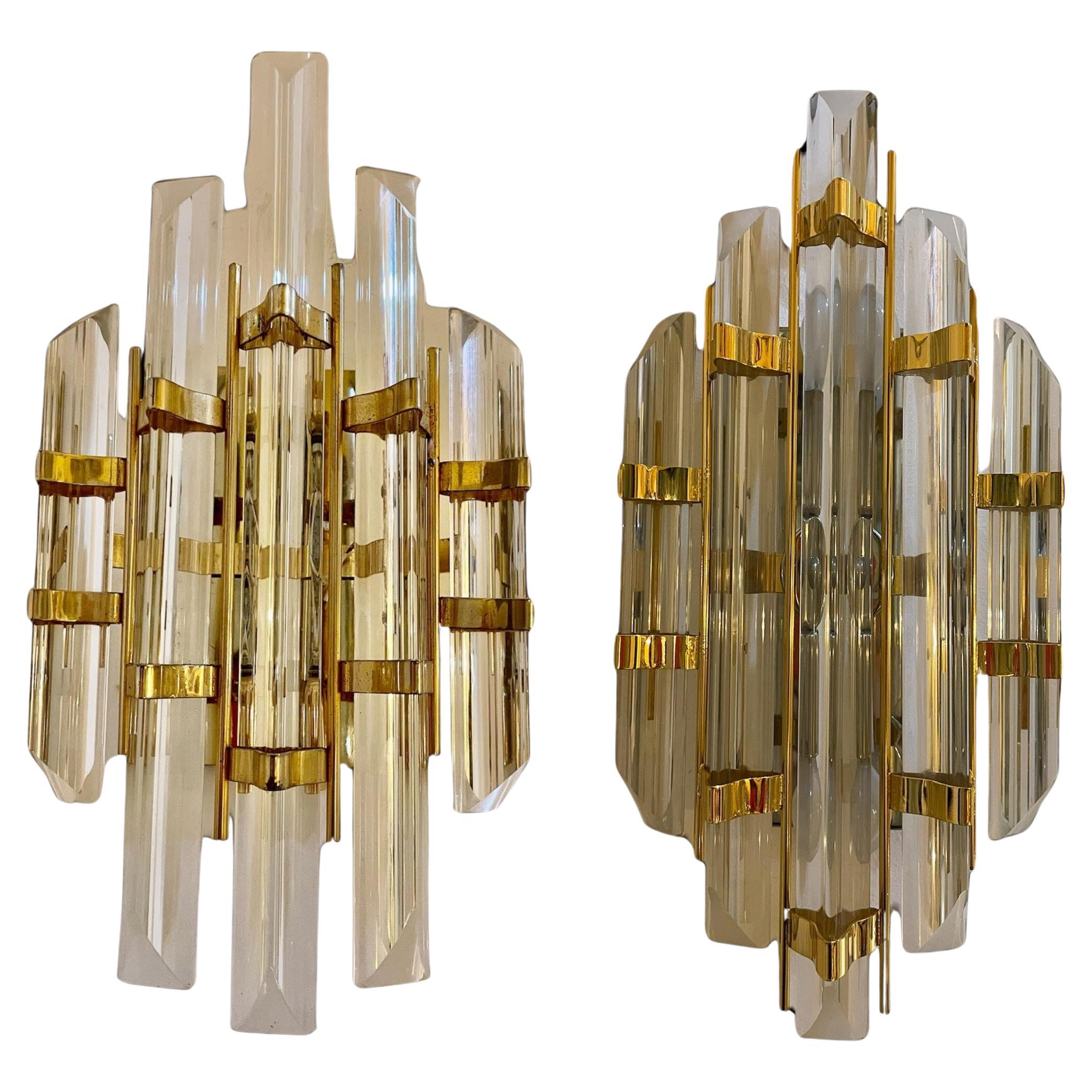 Venini Wall Lighting Pair Glass with Gilt Gold Structure, Italy, 1970
