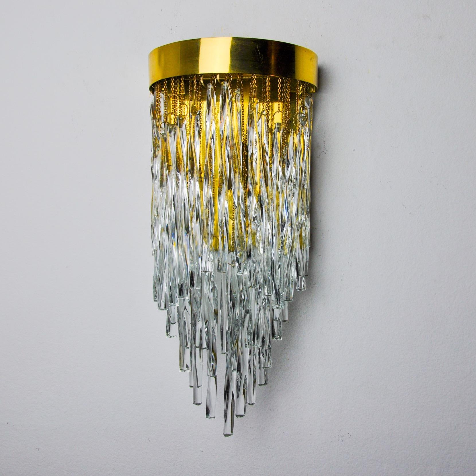 Hollywood Regency Venini waterfall wall lamp, Murano glass stems, Italy 1970 For Sale