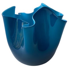 Venini, Murano Glass, Fazzoletto,Blue Opalino Vase Acid Signed, 90 Anniversary