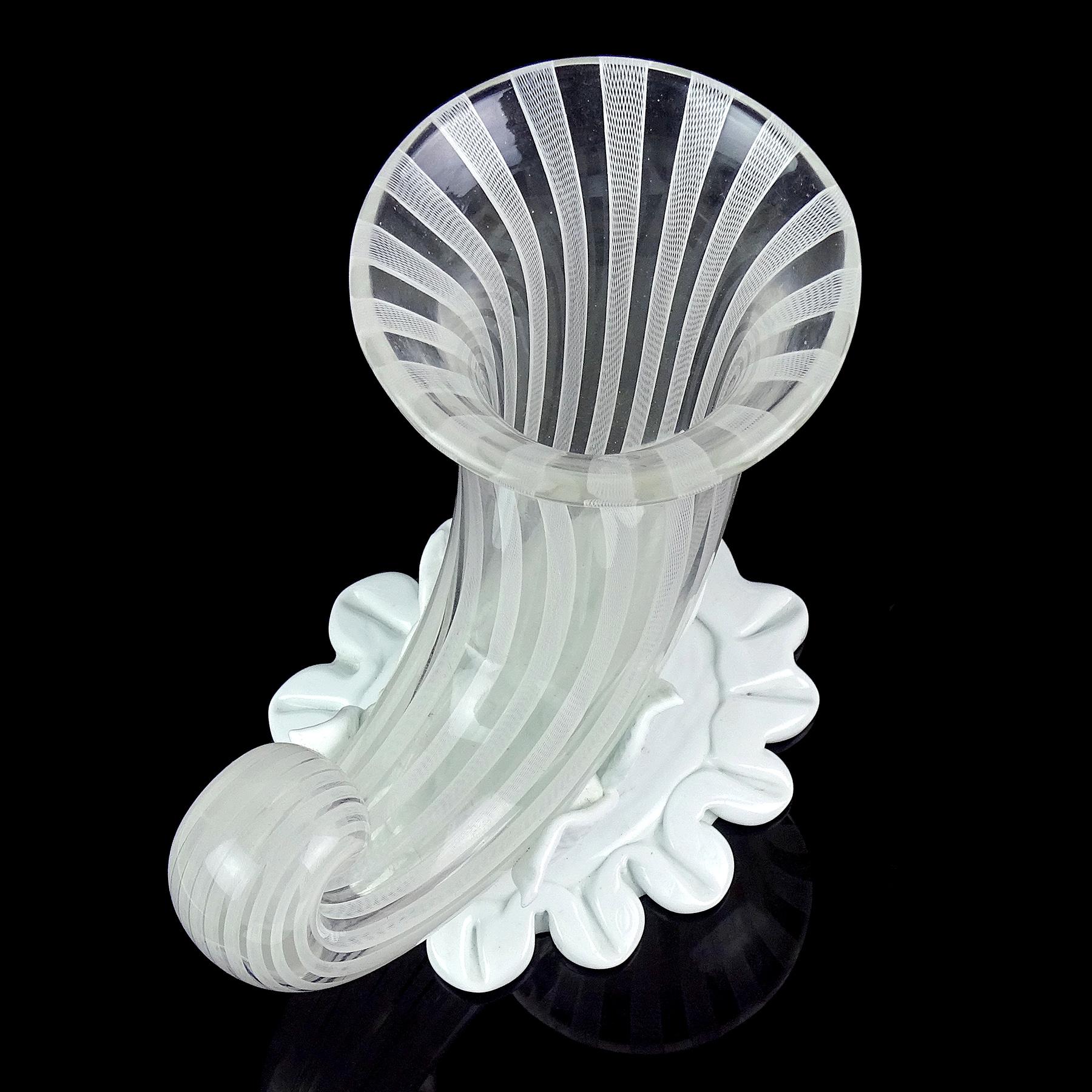 Mid-Century Modern Venini Bianconi Murano White Zanfirico Ribbon Italian Art Glass Cornucopia Vase For Sale
