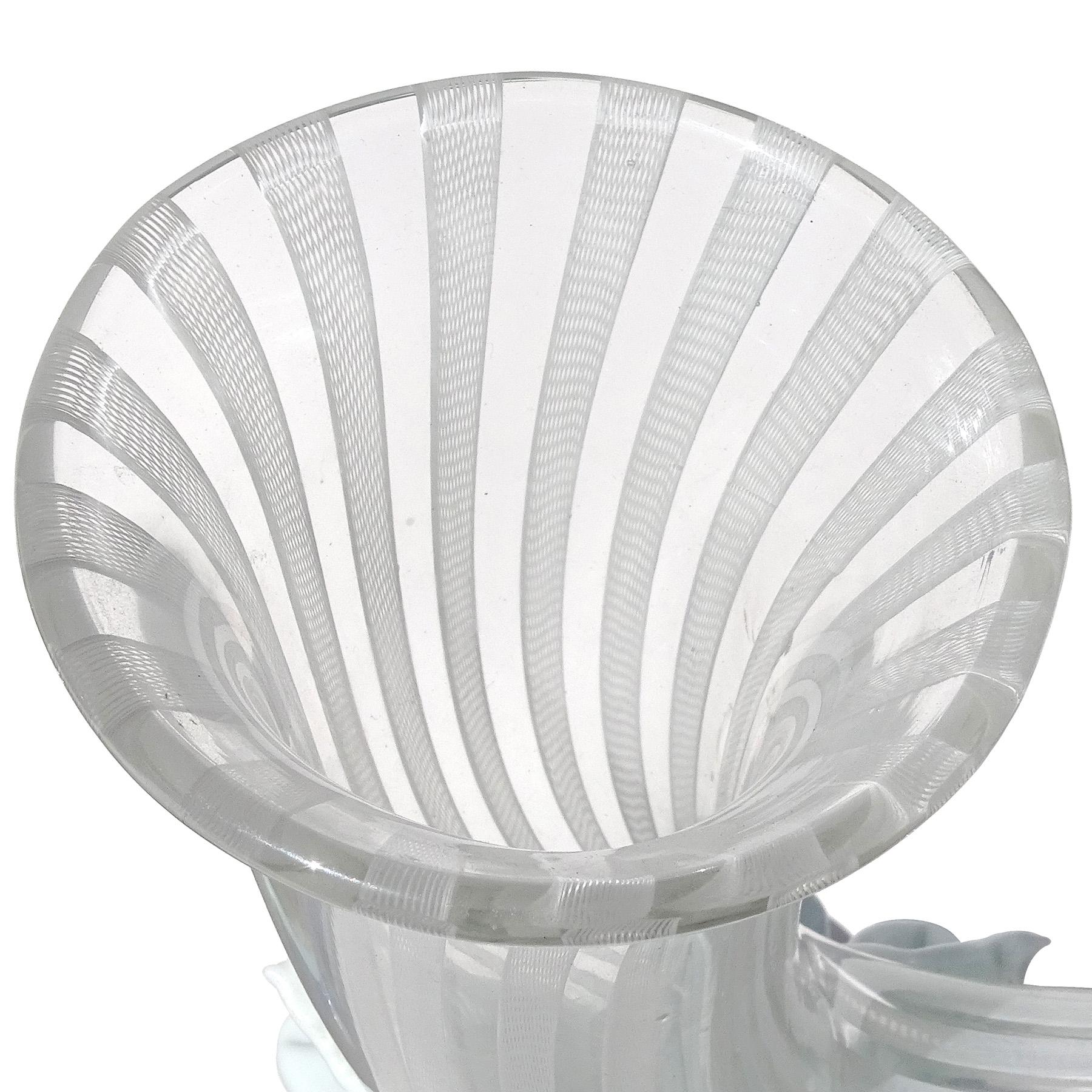 Hand-Crafted Venini Bianconi Murano White Zanfirico Ribbon Italian Art Glass Cornucopia Vase For Sale