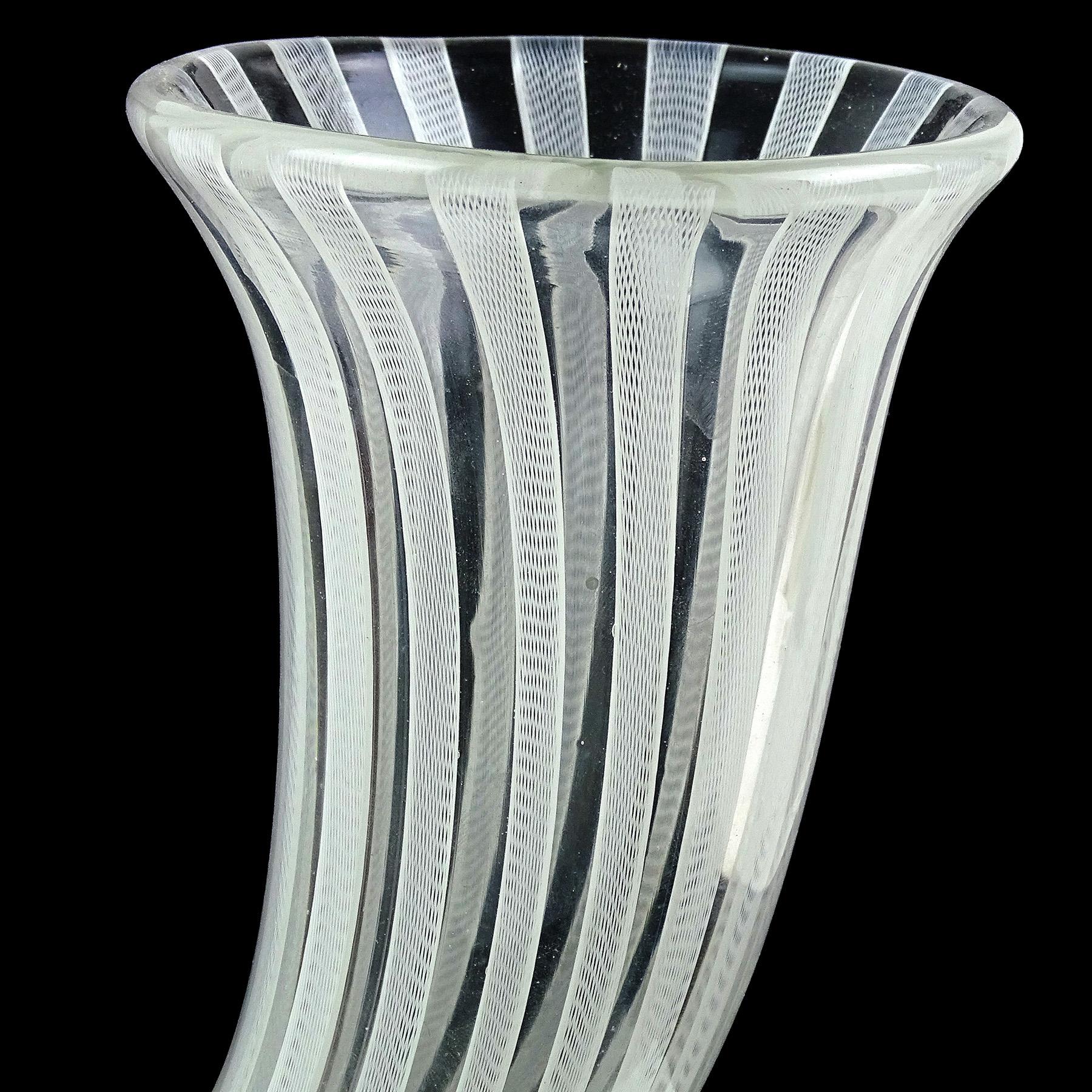 20th Century Venini Bianconi Murano White Zanfirico Ribbon Italian Art Glass Cornucopia Vase For Sale