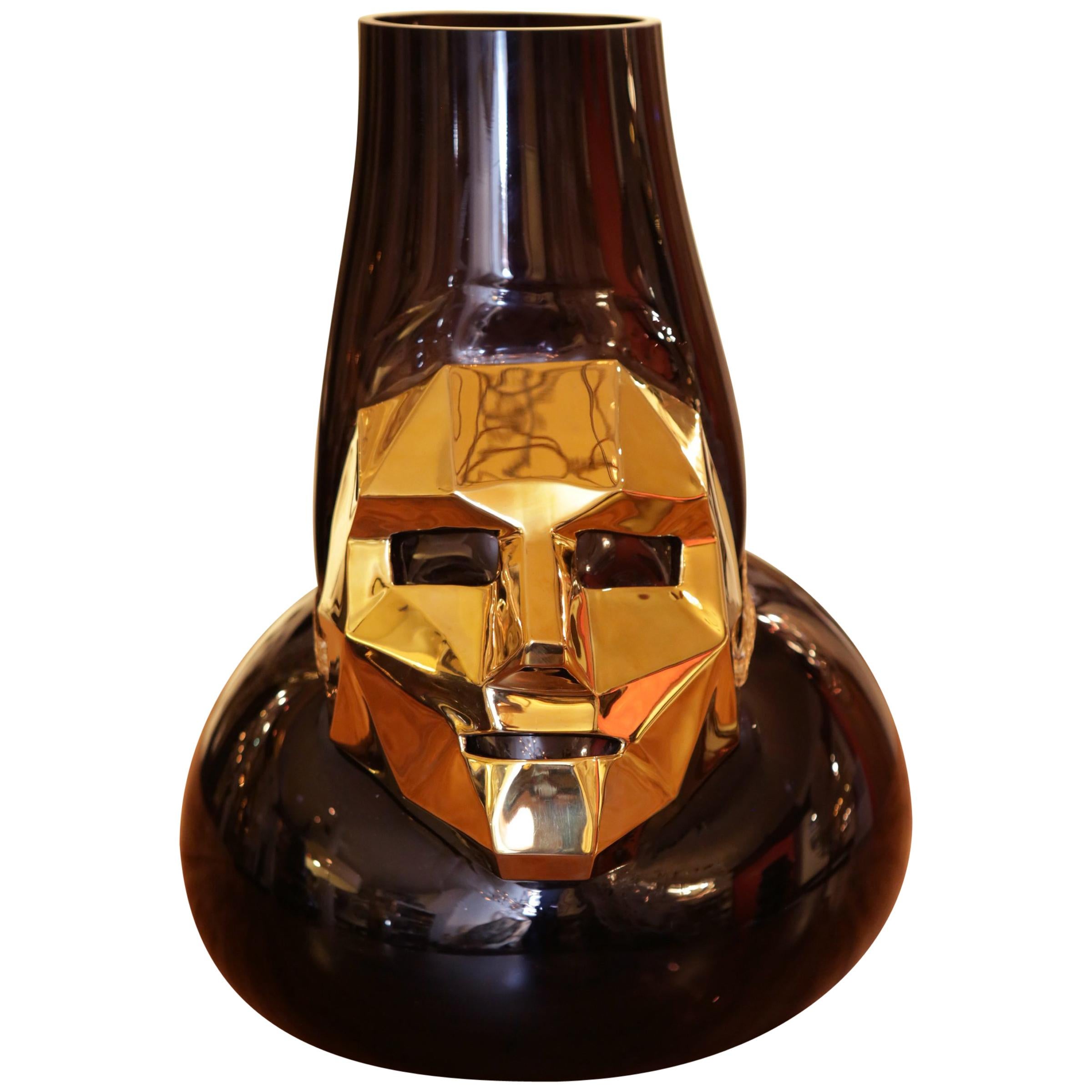 Venise Mask Vase with Black Glass and Bronze For Sale