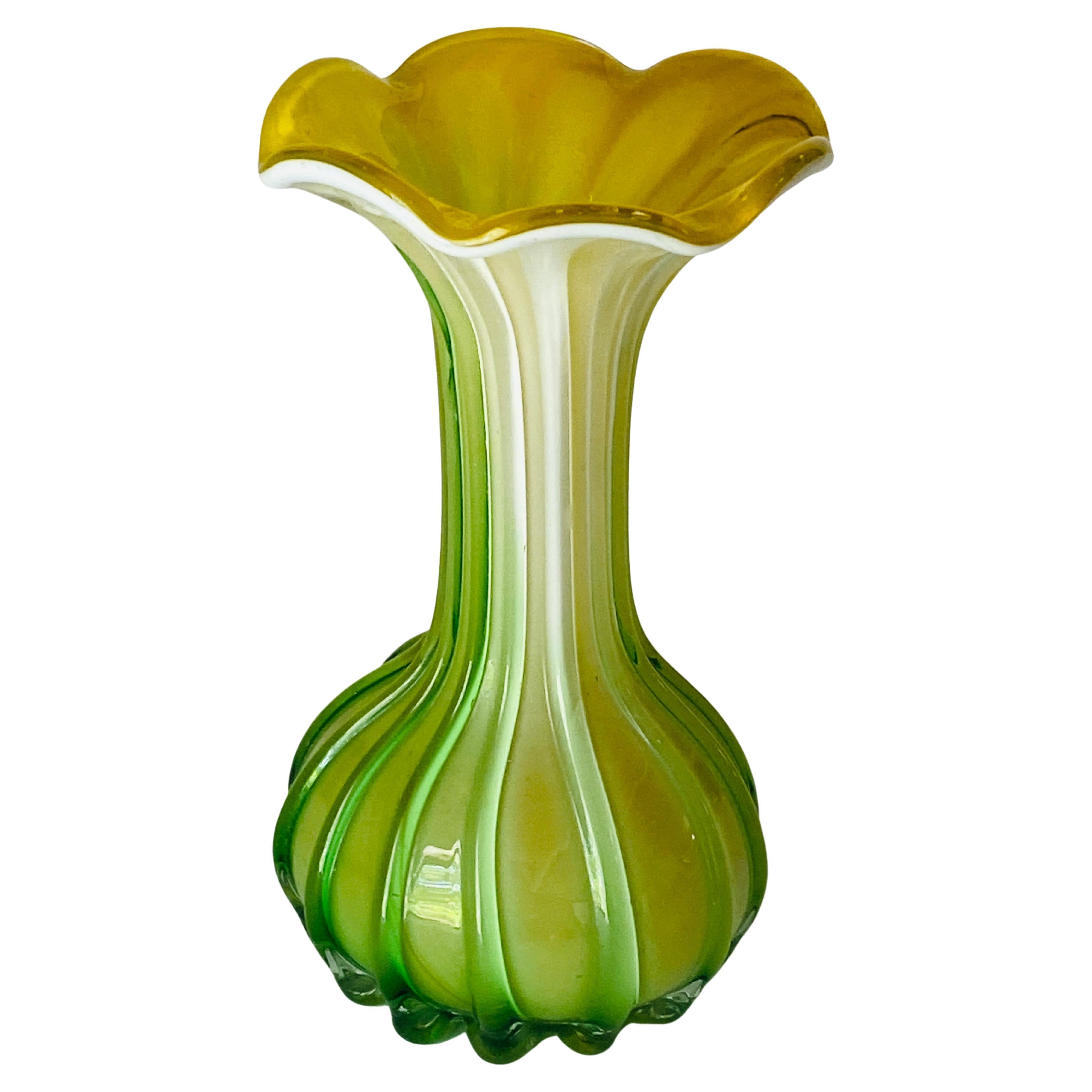 Italian Venitian Vase 1970 Venini Green and Yellow Color Venini Style Italy For Sale