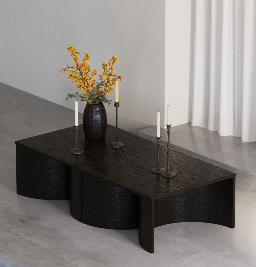 Elegant and minimal lines create the timeless silhouette of the Venn Coffee Table.
The colorful lacquer work done on the wood veneer adds a modern atmosphere to the coffee table.
When more than one coffee table is brought together, it creates both a