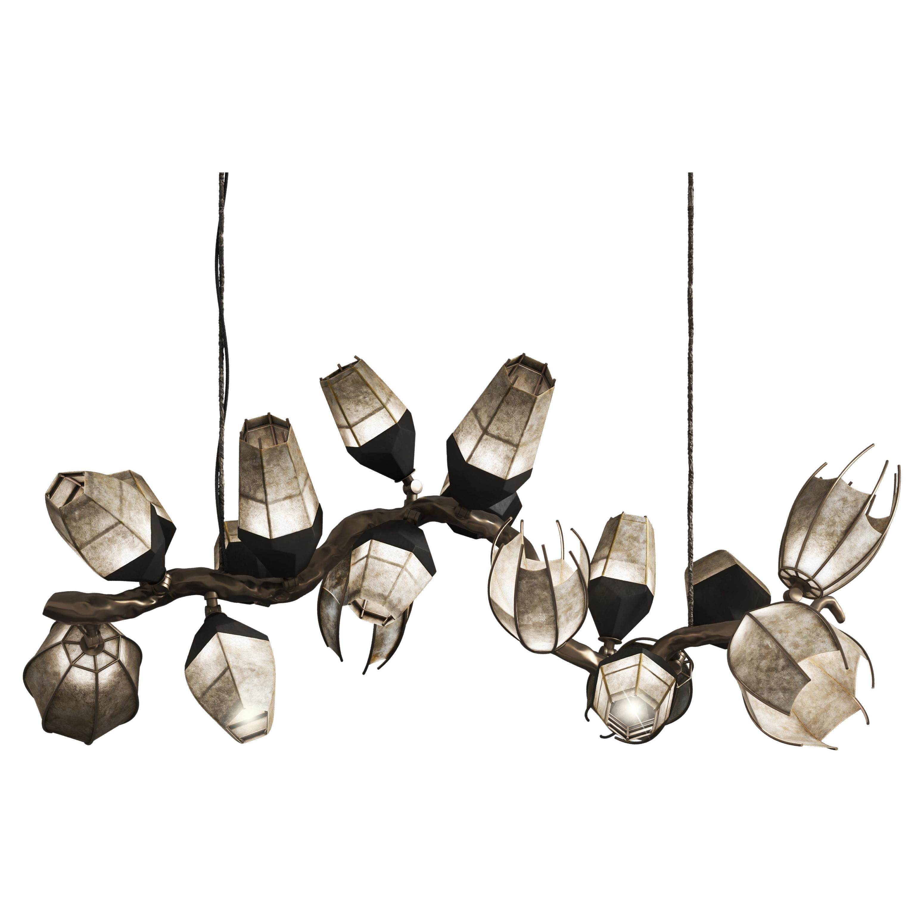 Venomous Horizontal Chandelier in Cast Bronze with Transparent Leather by Palena For Sale
