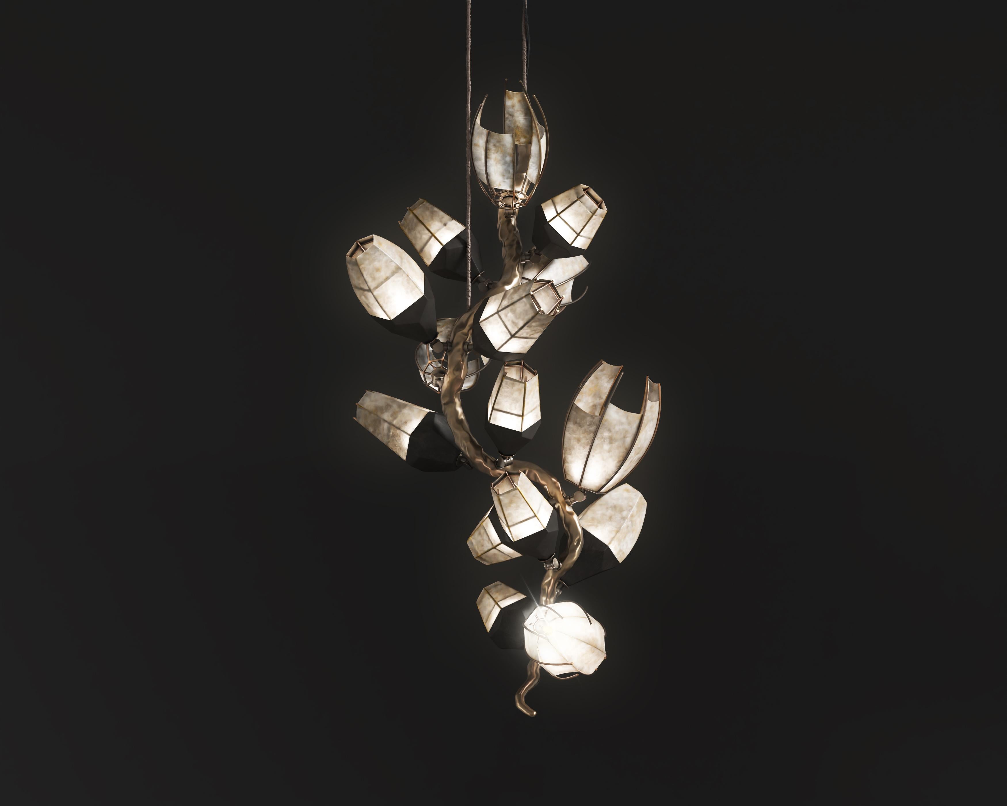 Contemporary Venomous Vertical Chandelier in Cast Bronze with Transparent Leather by Palena  For Sale