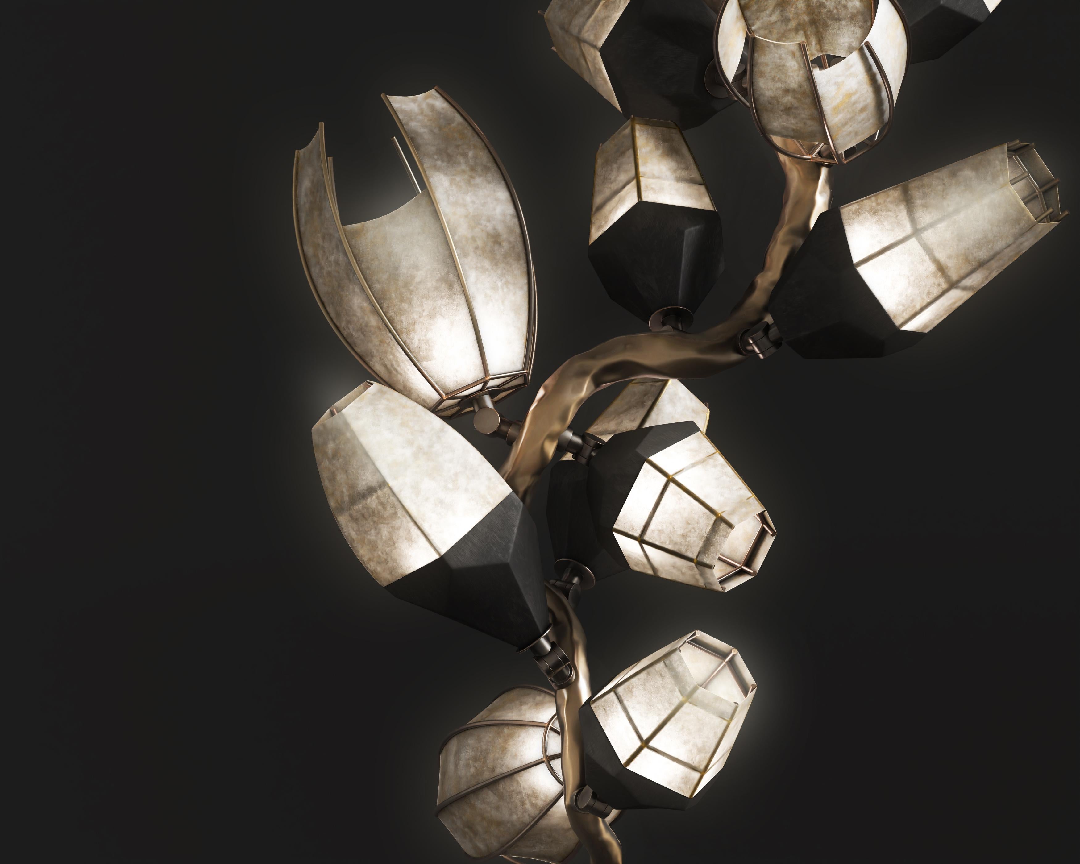 Brass Venomous Vertical Chandelier in Cast Bronze with Transparent Leather by Palena  For Sale
