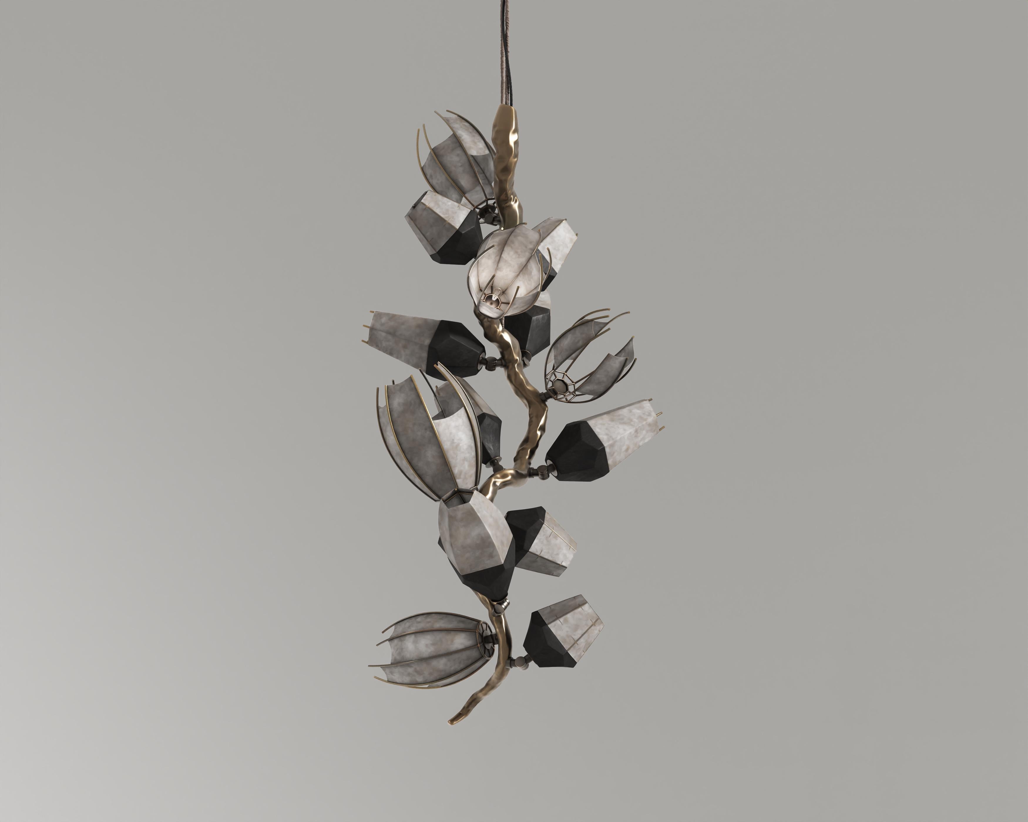 Hand-Crafted Venomous Vertical Chandelier in Cast Bronze with Transparent Leather by Palena  For Sale