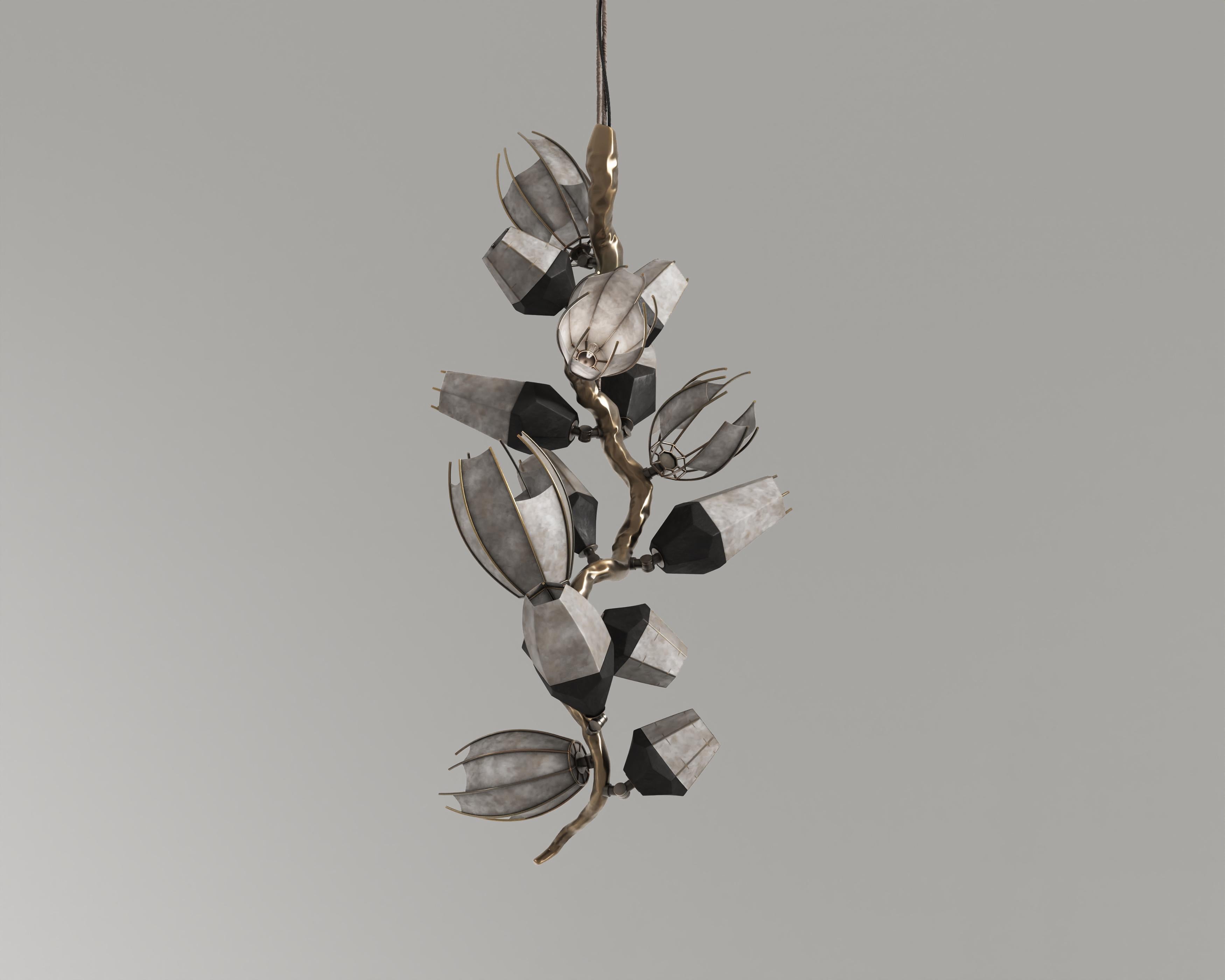 Hand-Crafted Venomous Vertical Chandelier in Cast Bronze with Transparent Leather by Palena For Sale