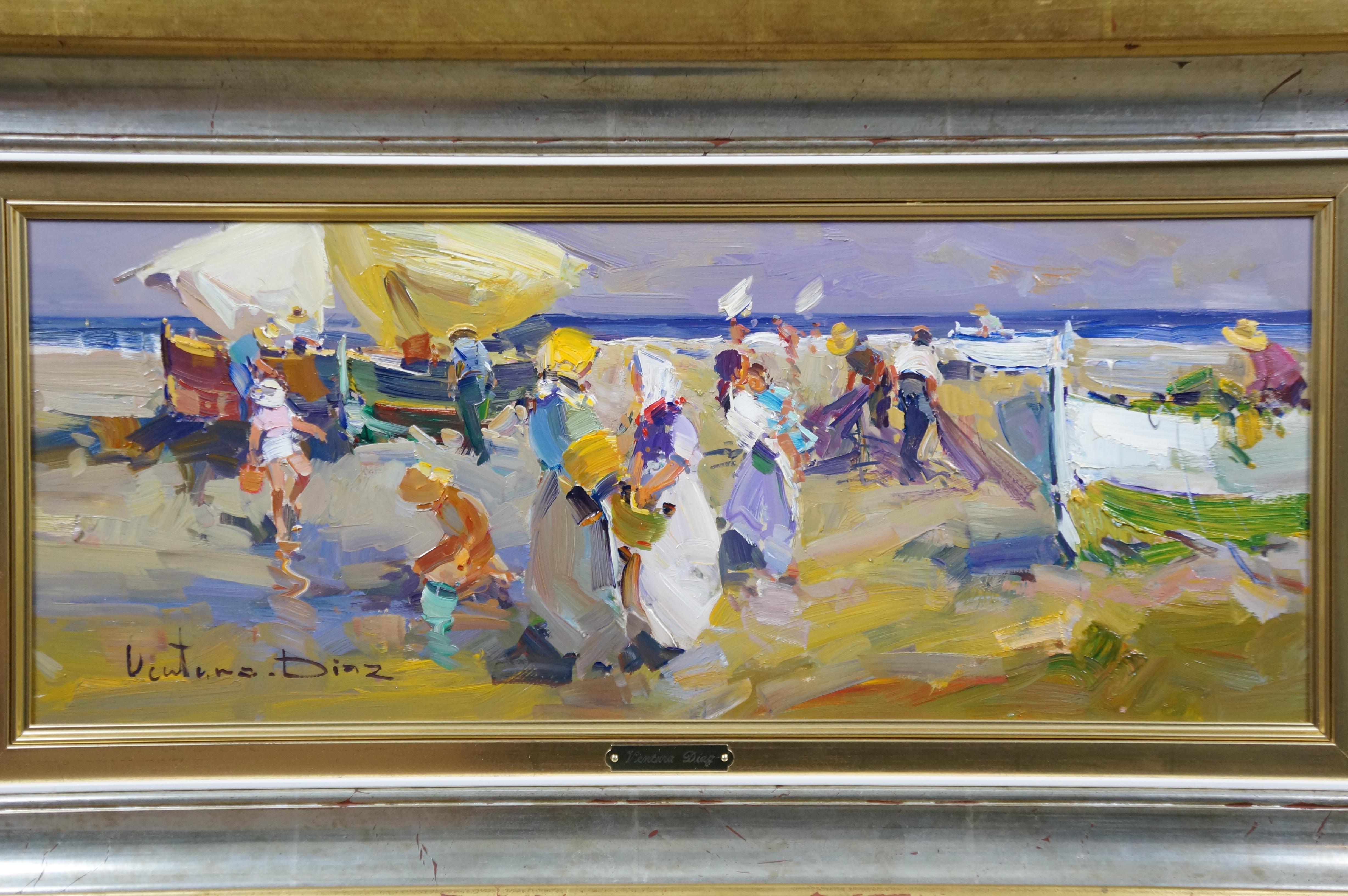 Ventura Diaz ''Pescatore'' Pittura a olio Impressionista Paesaggio marino su tela 35