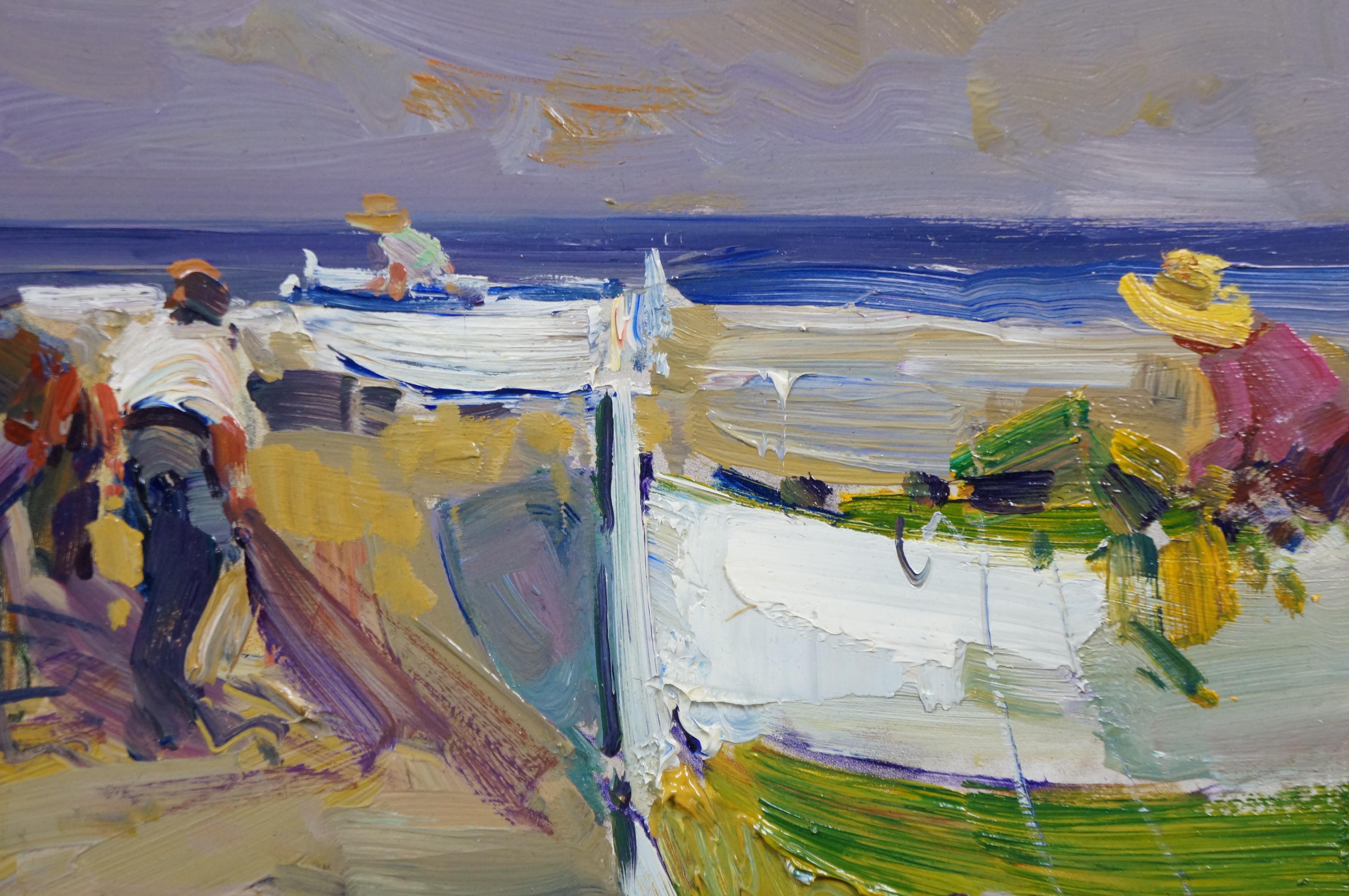 Ventura Diaz ''Pescatore'' Pittura a olio Impressionista Paesaggio marino su tela 35