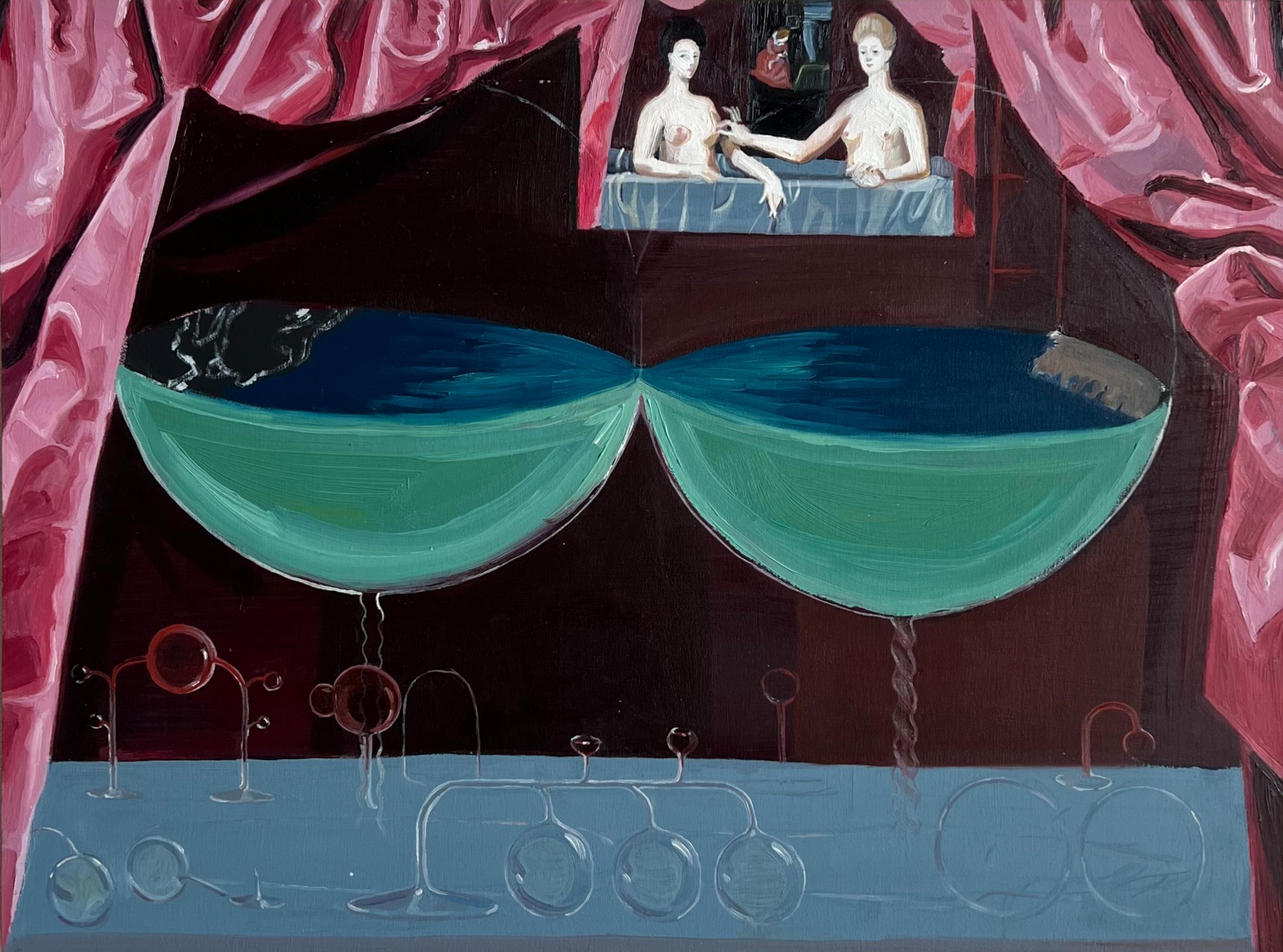 Close, very close, surreal oil portrait with pastel colors and glaze, green pink
