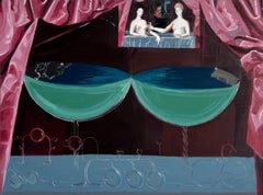 Close, very close, surreal oil portrait with pastel colors and glaze, green pink