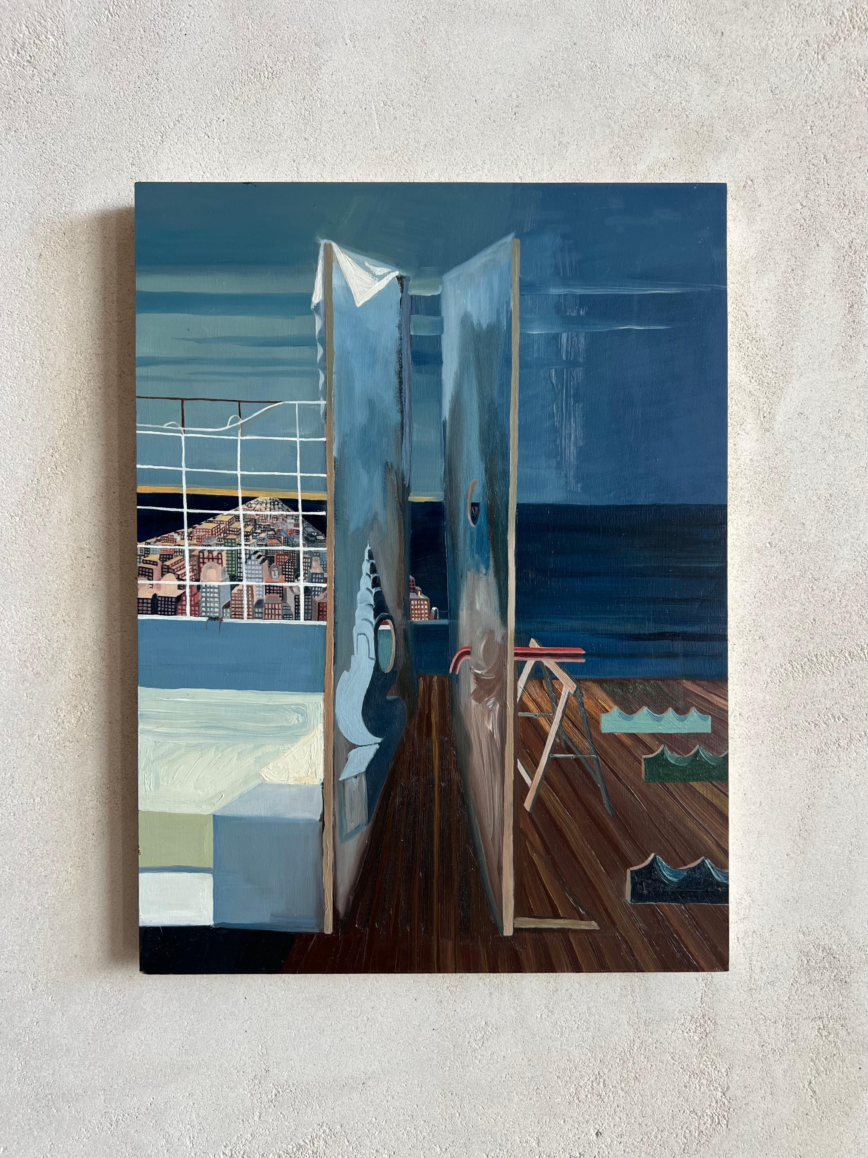 Greene & Greene tra due edifici, surrealismo di Vriesendorp, blu e verde - Art di Ventura Perez