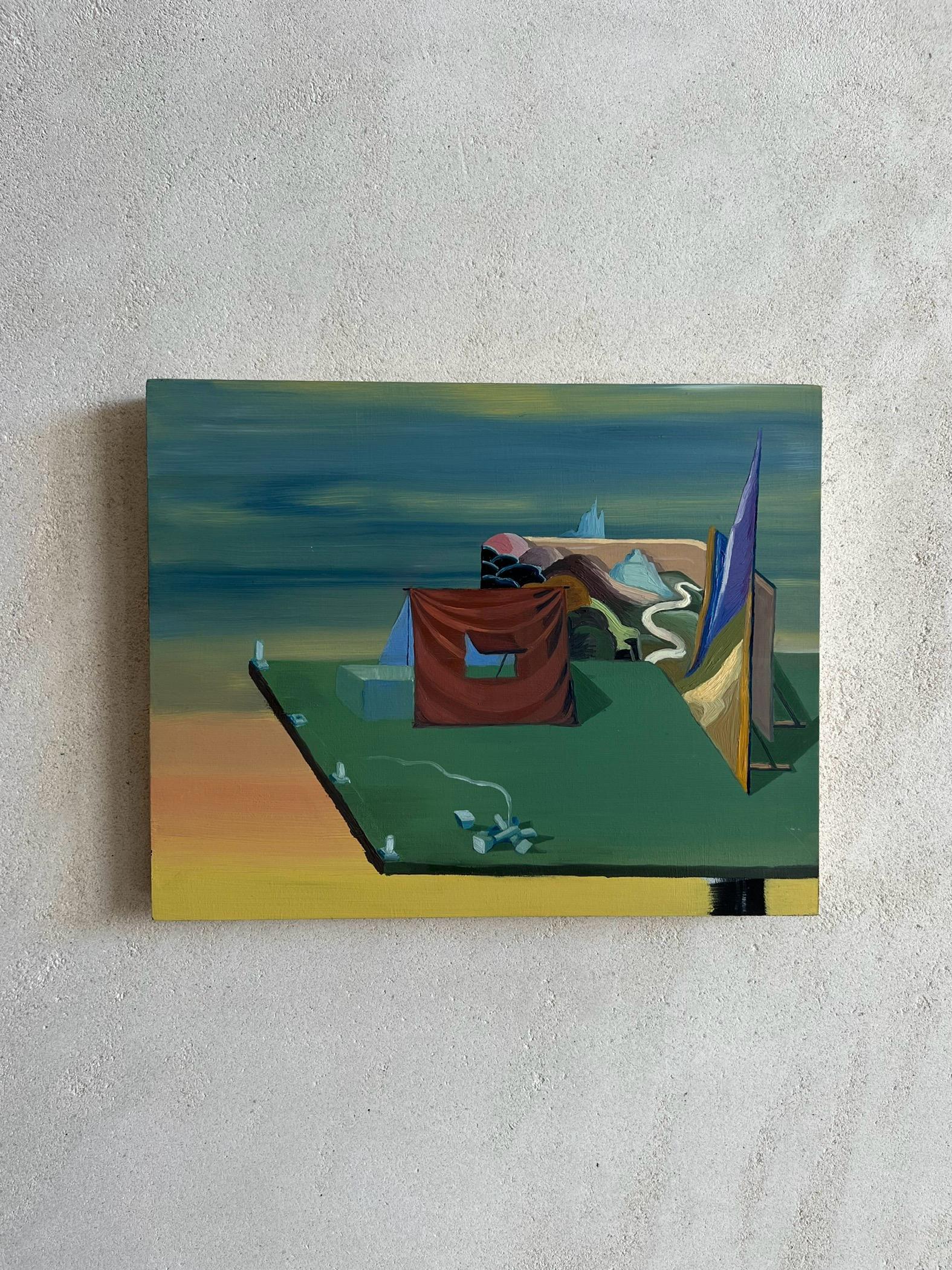 Pequeña casa surrealista, verde y amarillo, óleo sobre tabla - Painting de Ventura Perez