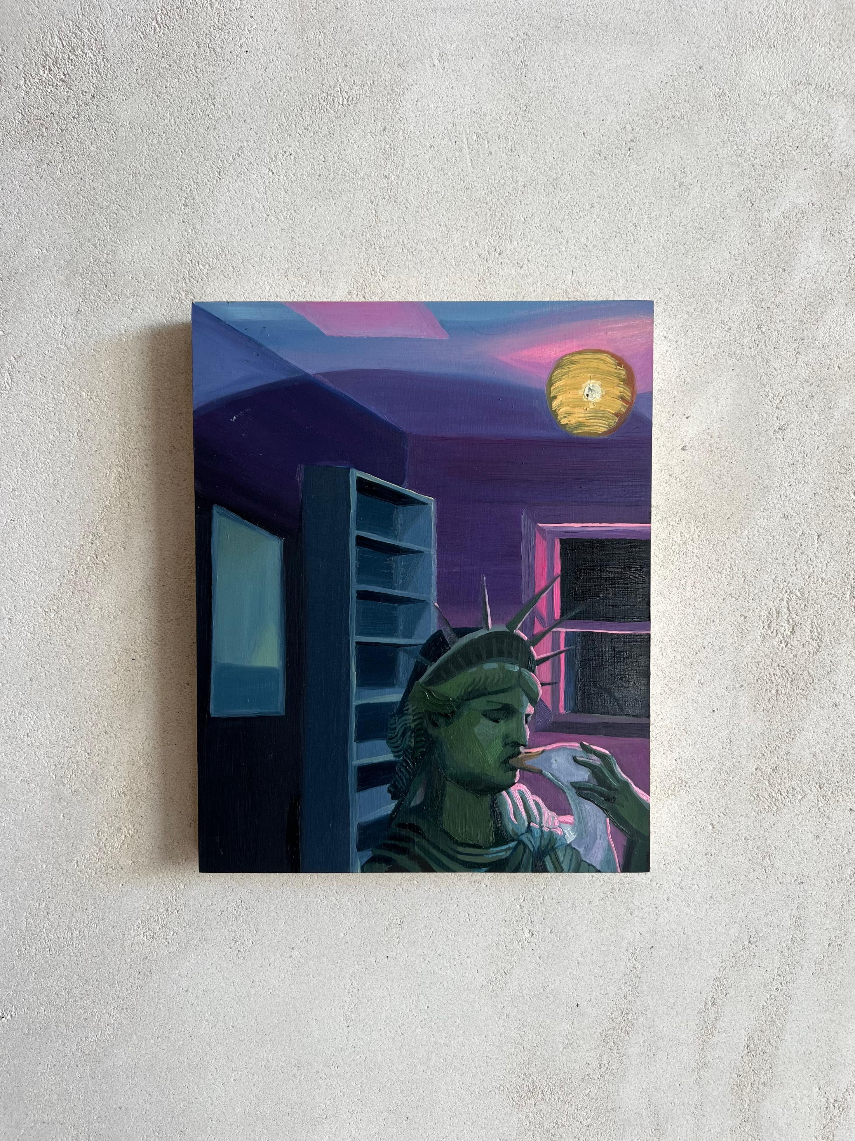 Statue of Liberty kissing a duck in a movie theater, purple lighting - Painting by Ventura Perez