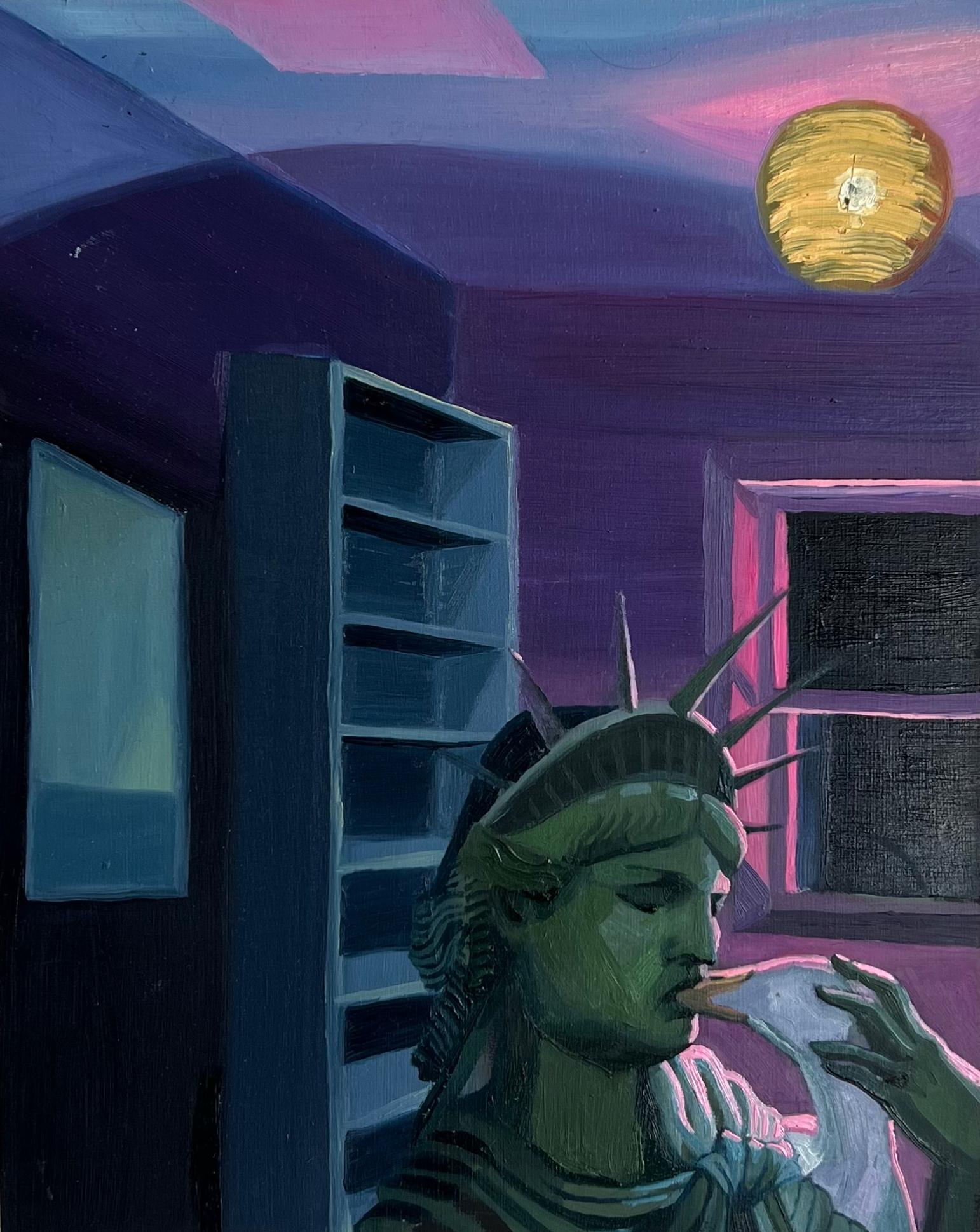 Ventura Perez Figurative Painting - Statue of Liberty kissing a duck in a movie theater, purple lighting