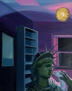 Statue of Liberty kissing a duck in a movie theater, purple lighting