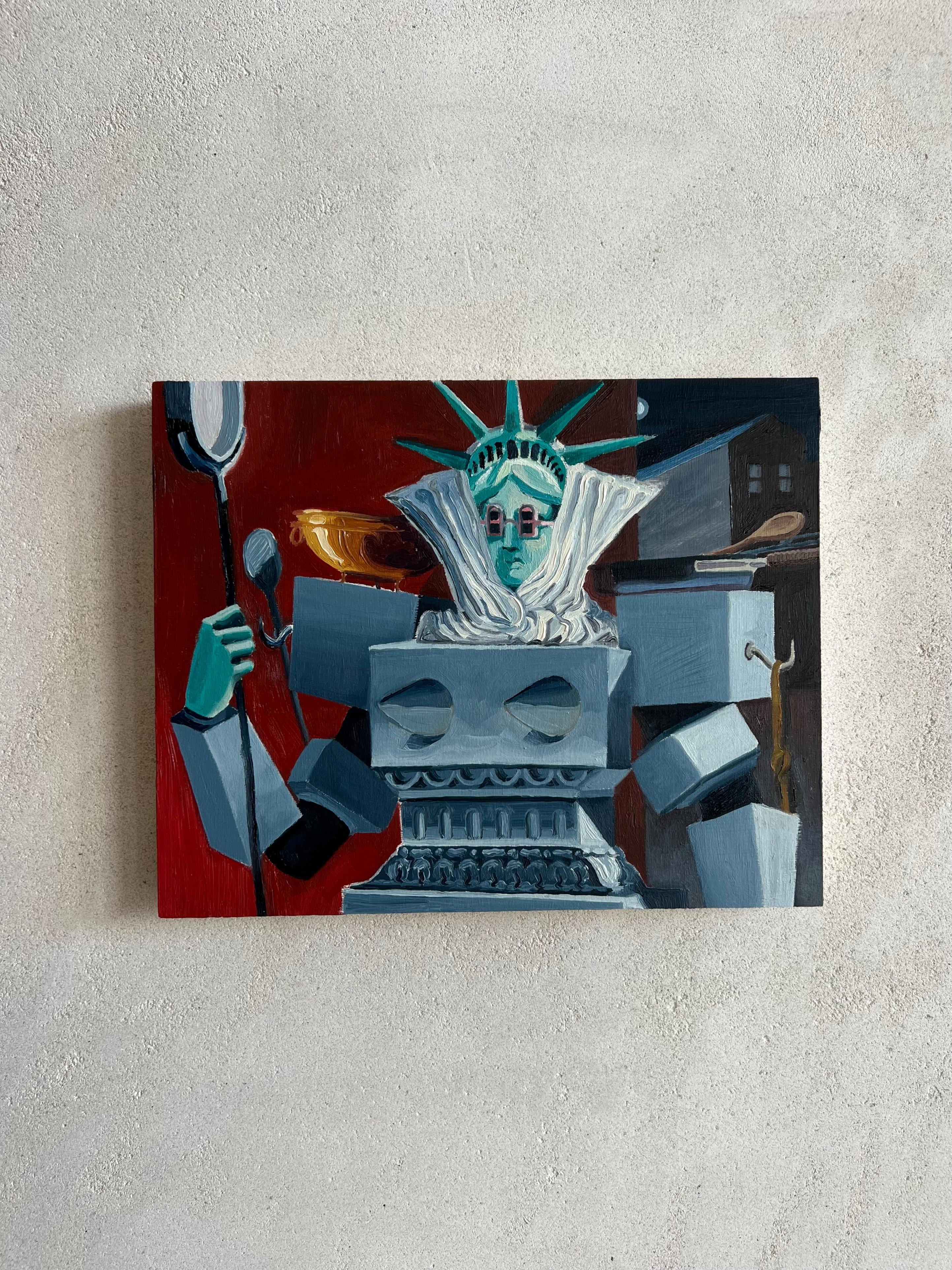 Estatua de la Libertad pintada sobre fondo rojo con entramado arquitectónico, surr - Painting de Ventura Perez