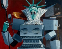 Estatua de la Libertad pintada sobre fondo rojo con entramado arquitectónico, surr