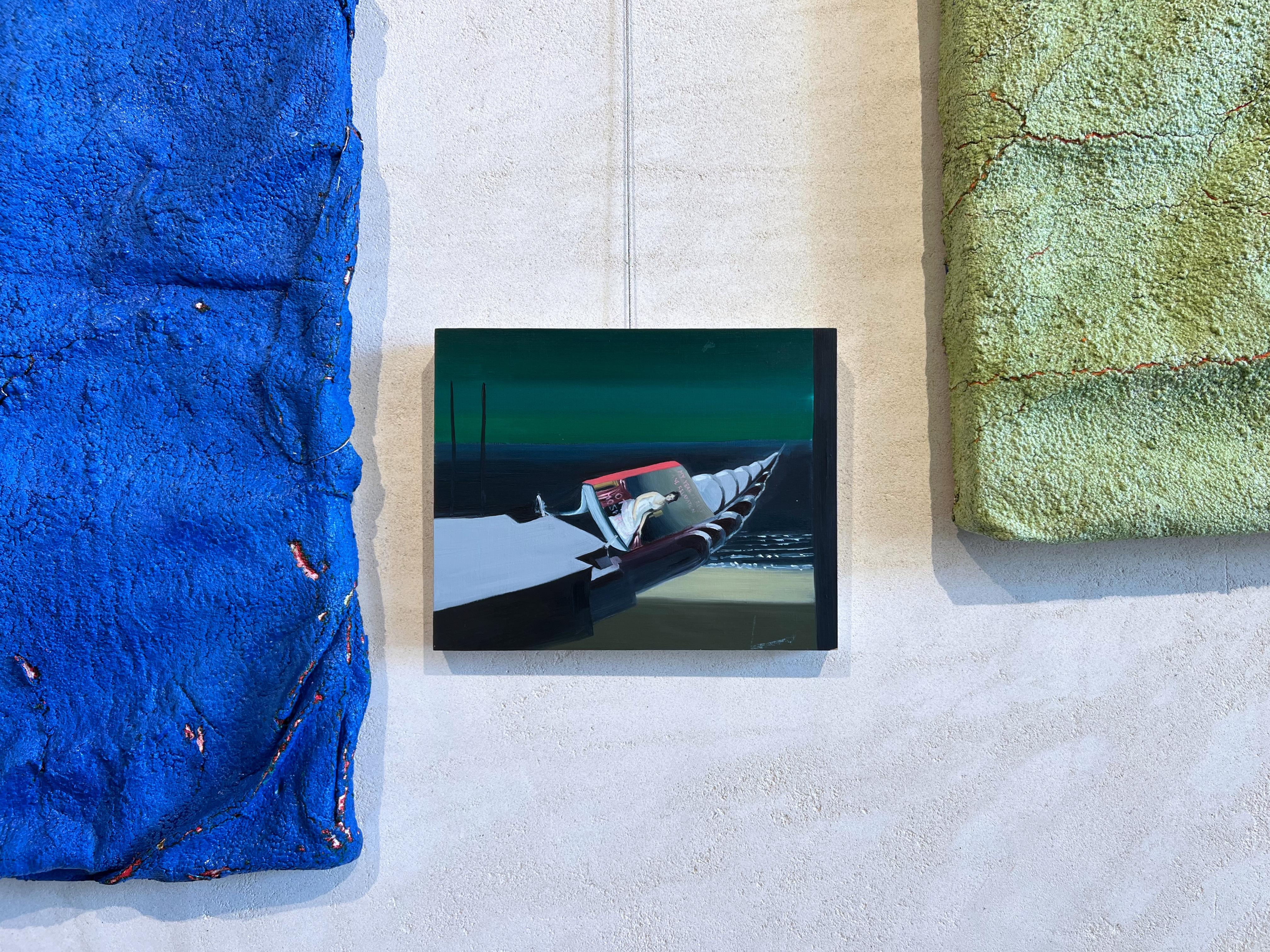 Surreal intimate scene, green and blue, boat and fashion magazine - Art by Ventura Perez