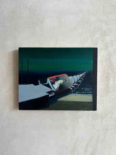 Escena íntima surrealista, verde y azul, barco y revista de moda