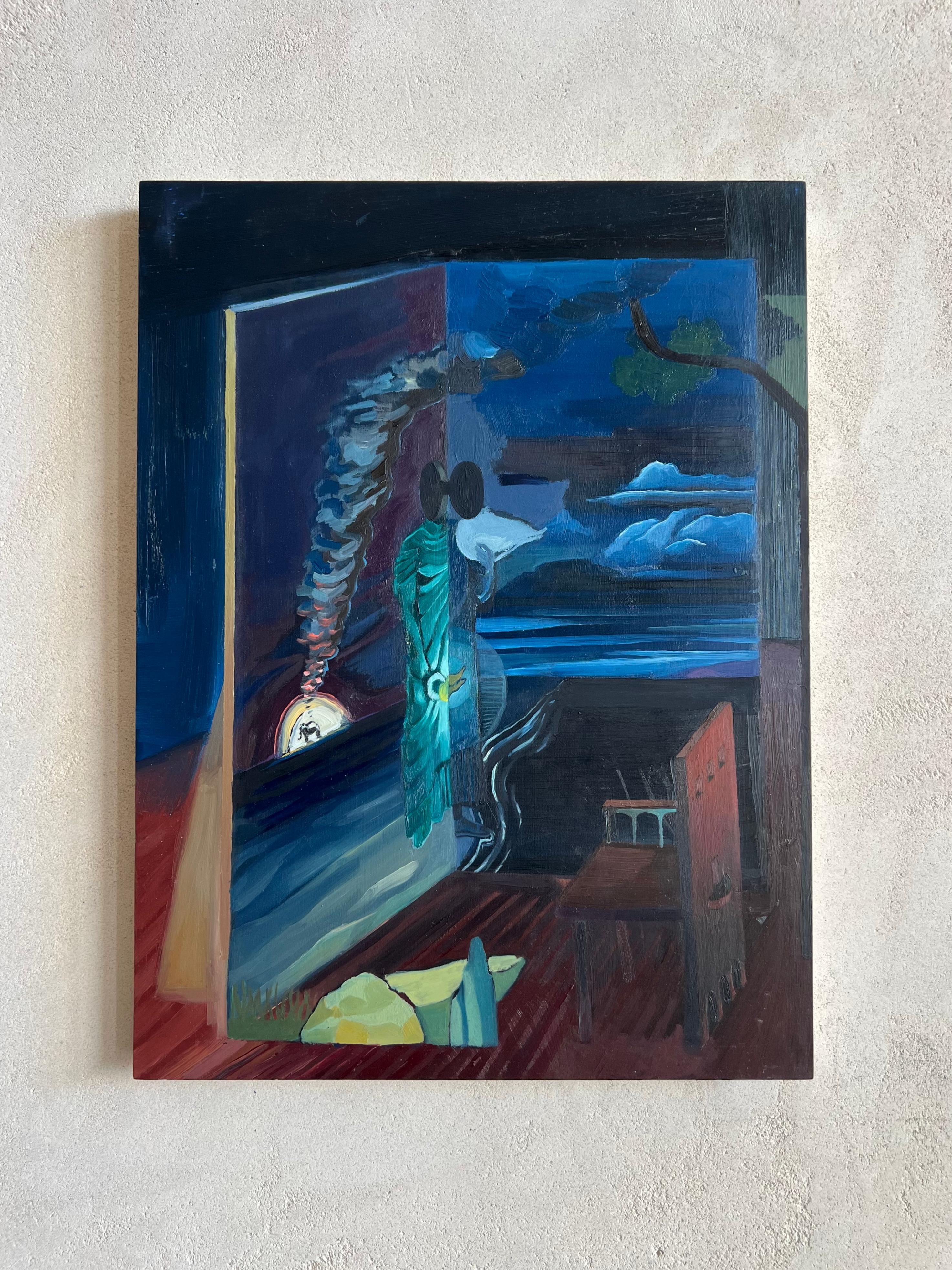 surreal scene with magical colors, blue shadows and illuminated buildings - Painting by Ventura Perez