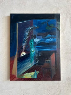 surreal scene with magical colors, blue shadows and illuminated buildings