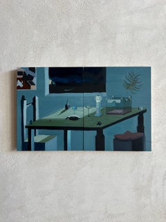 Surrealist painting on board, bright colors and green shadows, diptych