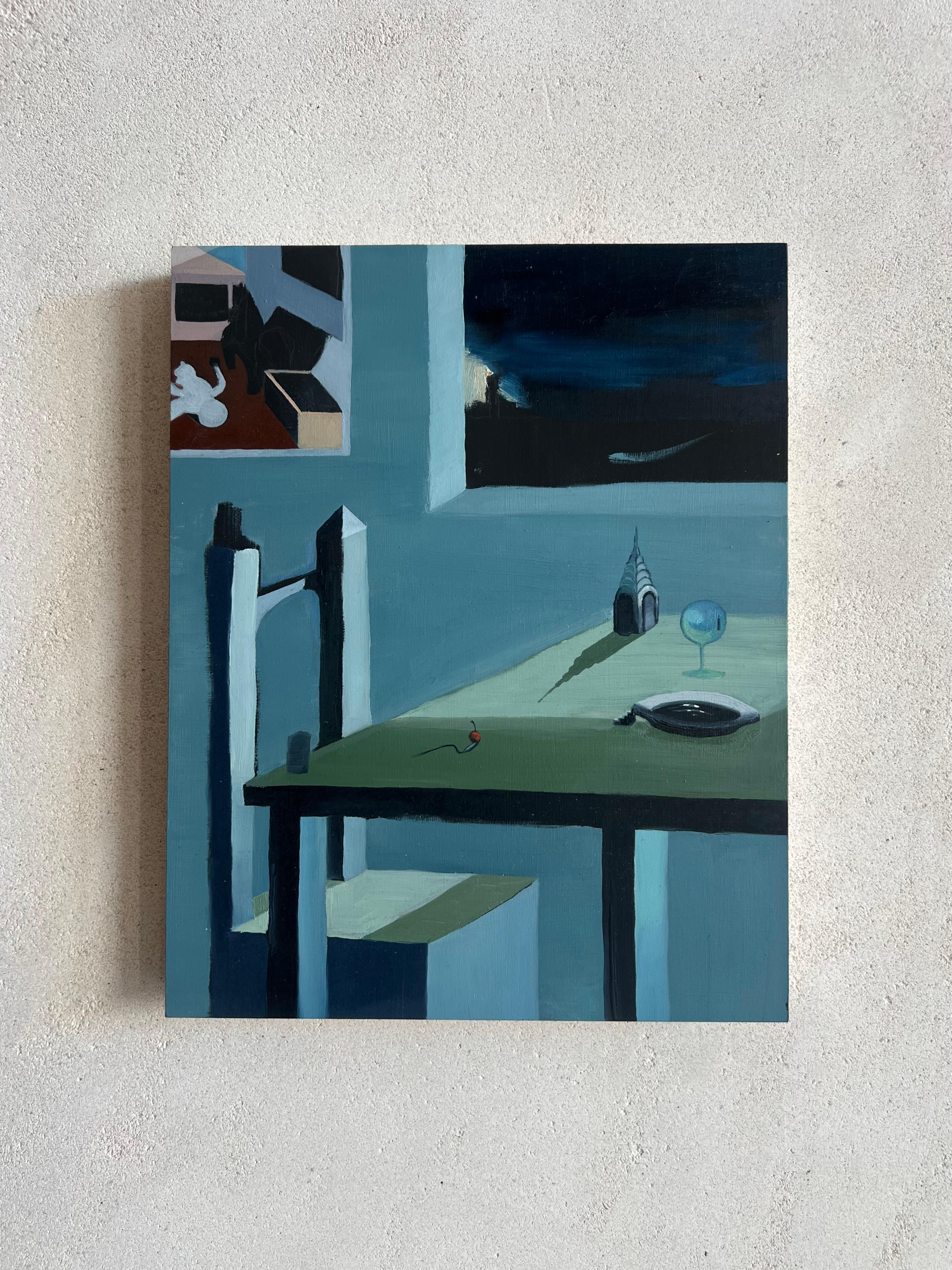 Peinture surréaliste sur panneau, couleurs vives et ombres vertes, diptyque - Vert Figurative Painting par Ventura Perez