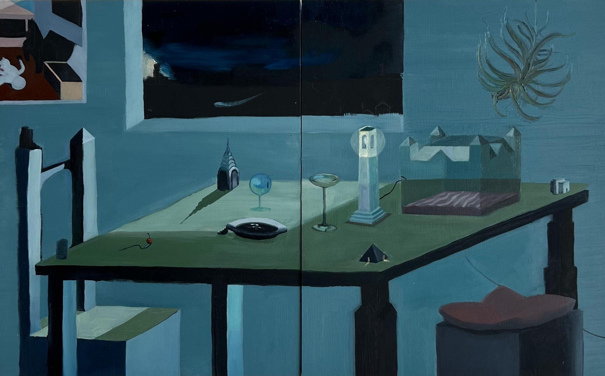 Figurative Painting Ventura Perez - Peinture surréaliste sur panneau, couleurs vives et ombres vertes, diptyque