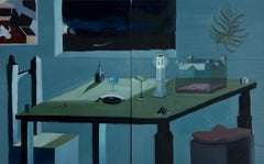 Peinture surréaliste sur panneau, couleurs vives et ombres vertes, diptyque