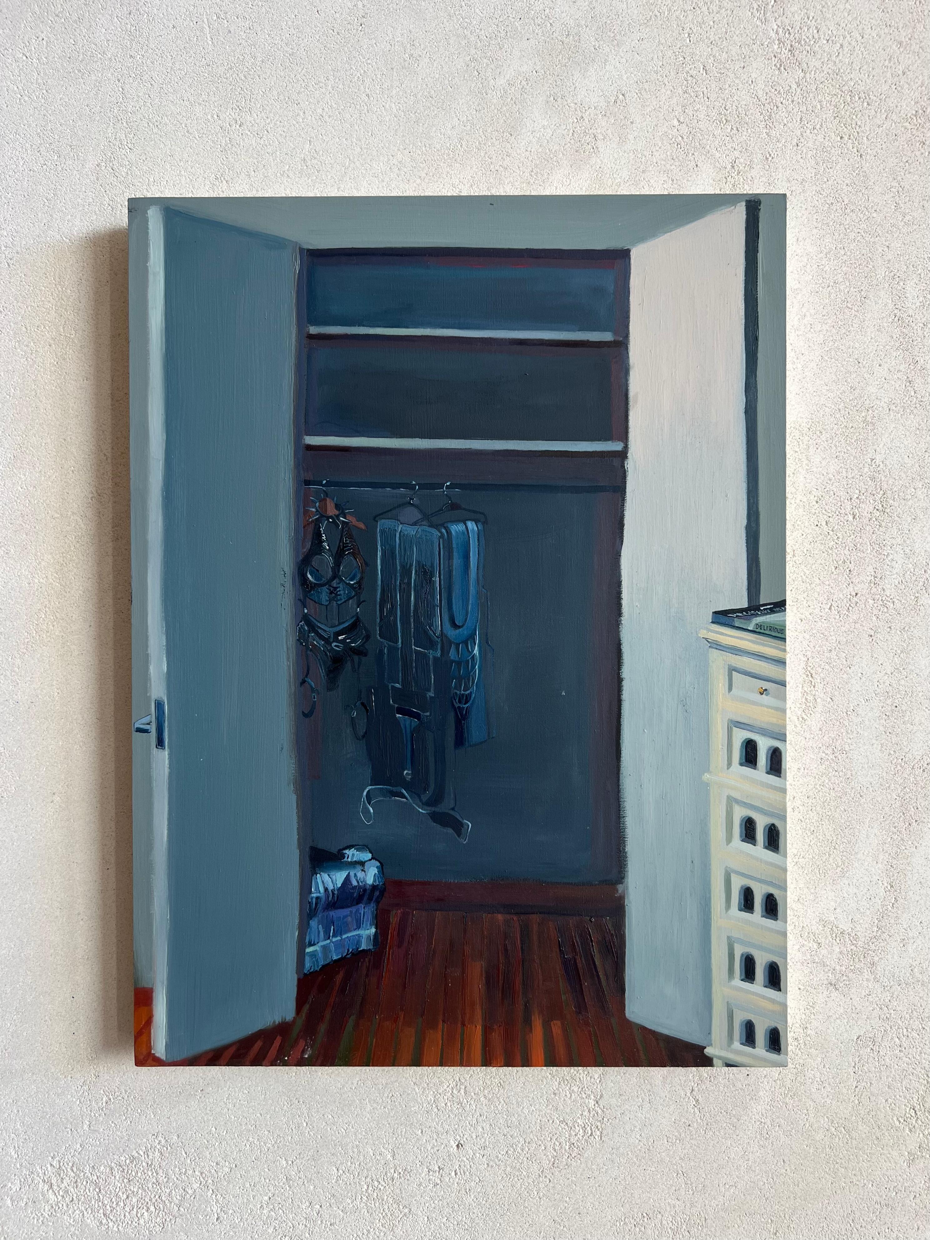 Guardaroba surrealista di abiti per edifici, Vriesendorp, olio originale su tavola - Painting di Ventura Perez