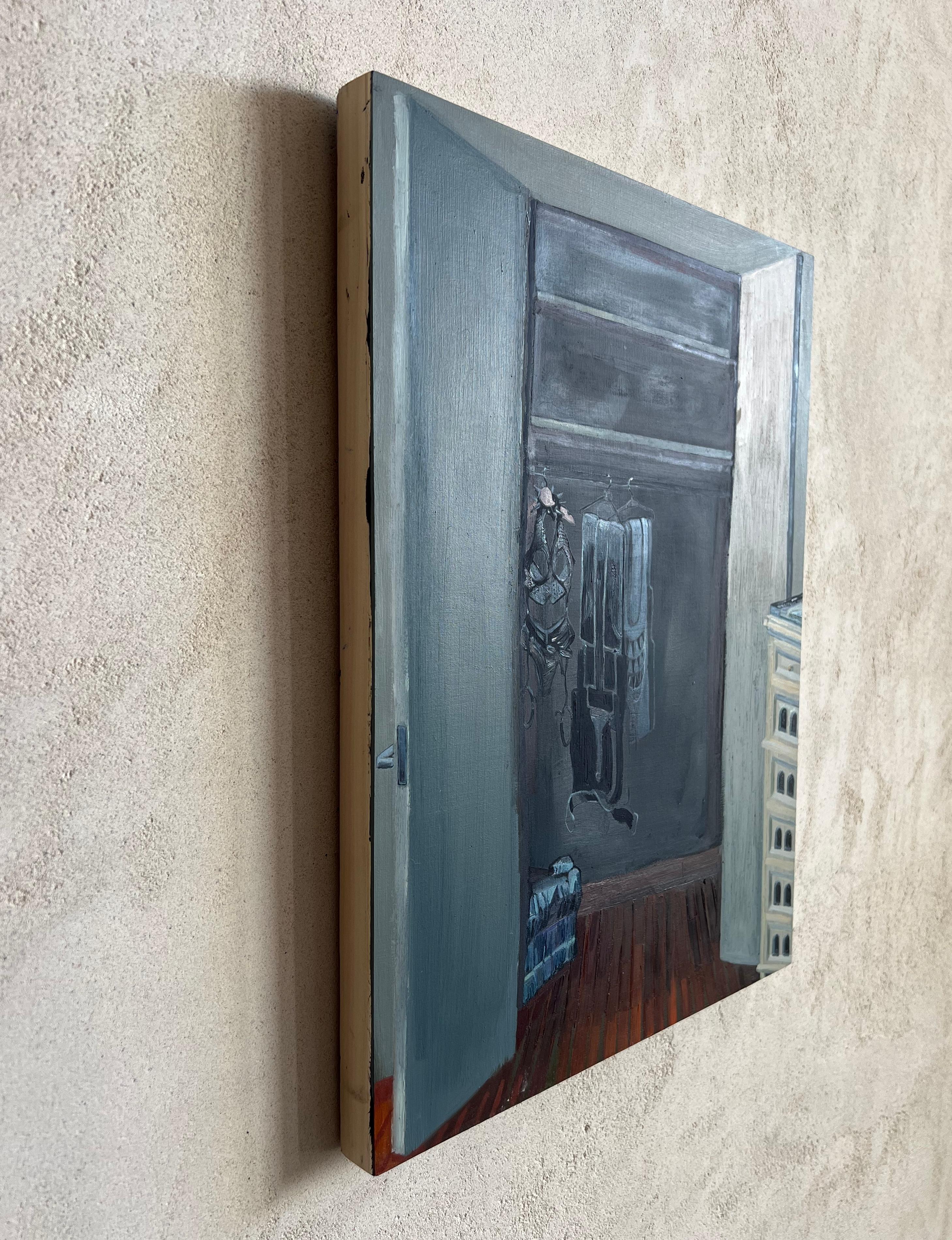 Guardaroba surrealista di abiti per edifici, Vriesendorp, olio originale su tavola - Painting Surrealismo di Ventura Perez
