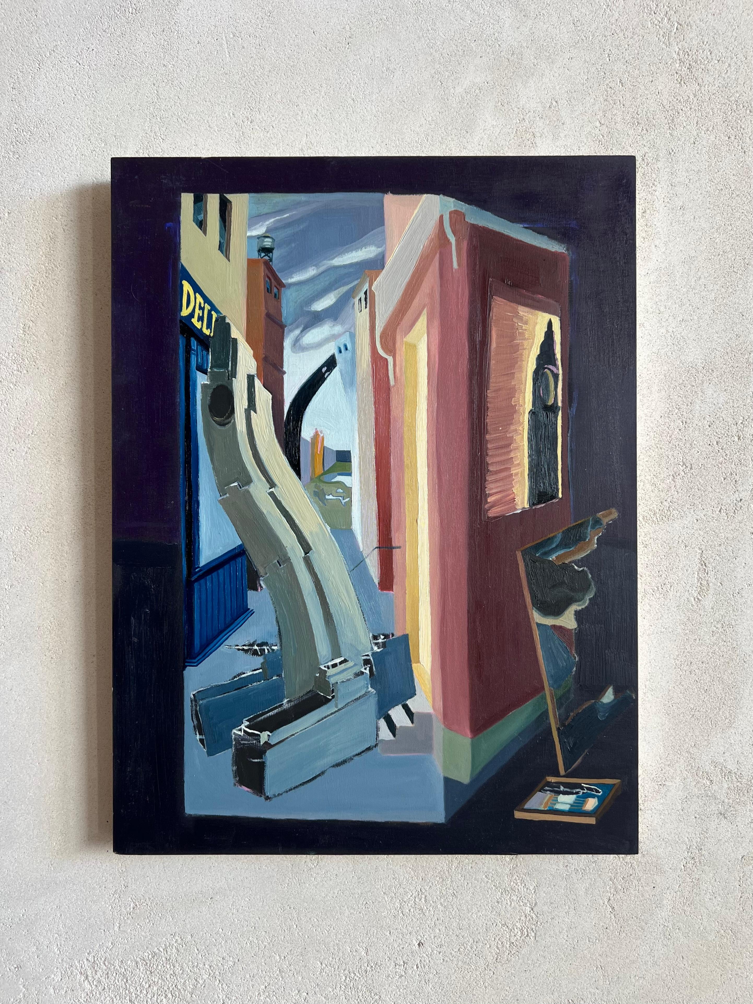 Trompe l'oeil New Yorker Straße mit Luftaufnahme, pastellfarbene Gebäude – Art von Ventura Perez