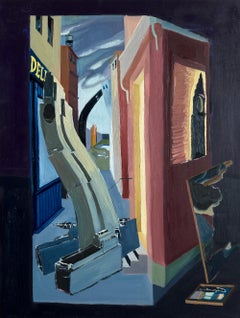 Trompe l'oeil New York street with aerial perspective, pastel-colored buildings