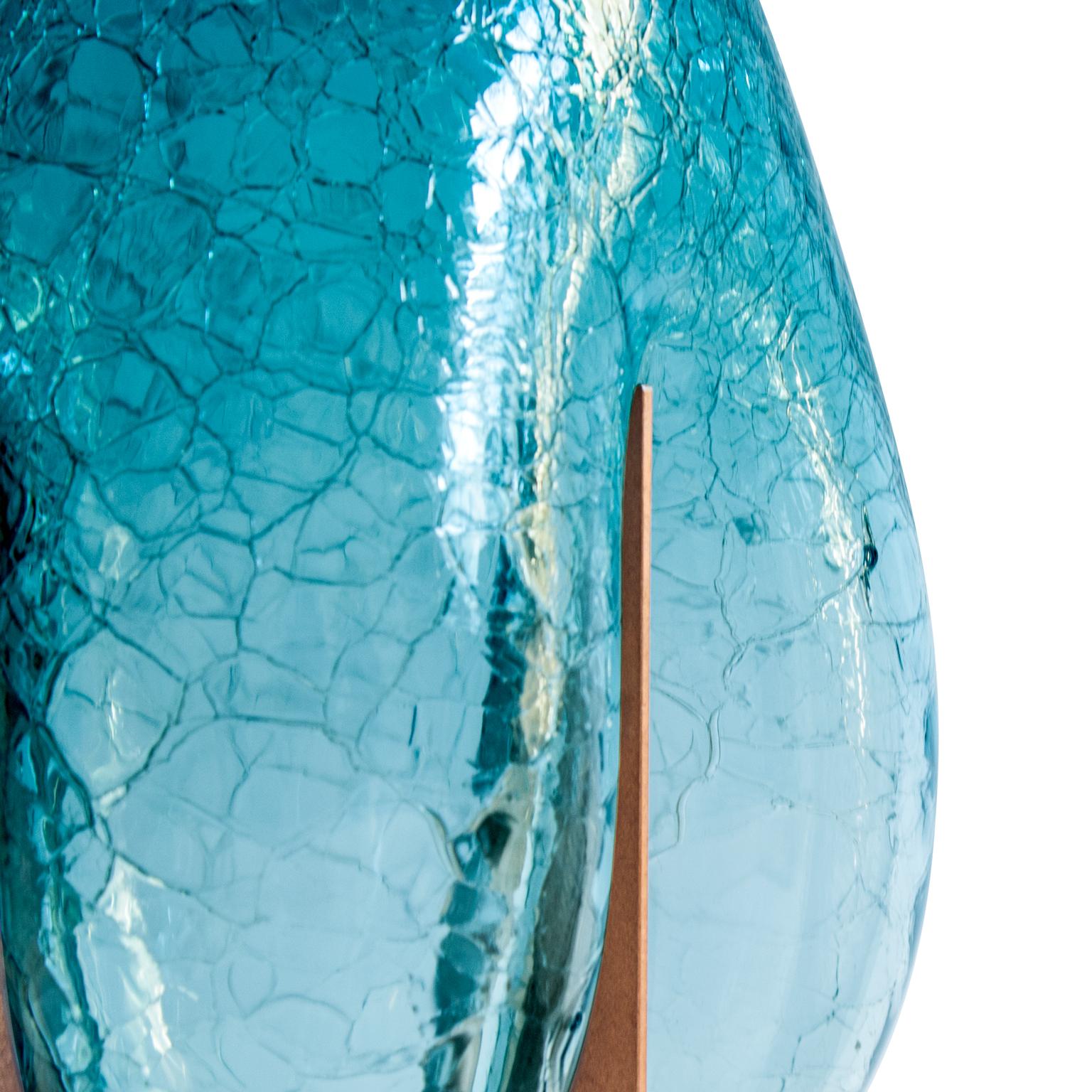 Modern Venturi Pear Blue Crackle Vase, Murano Glass and Metal by Lara Bohinc, in Stock