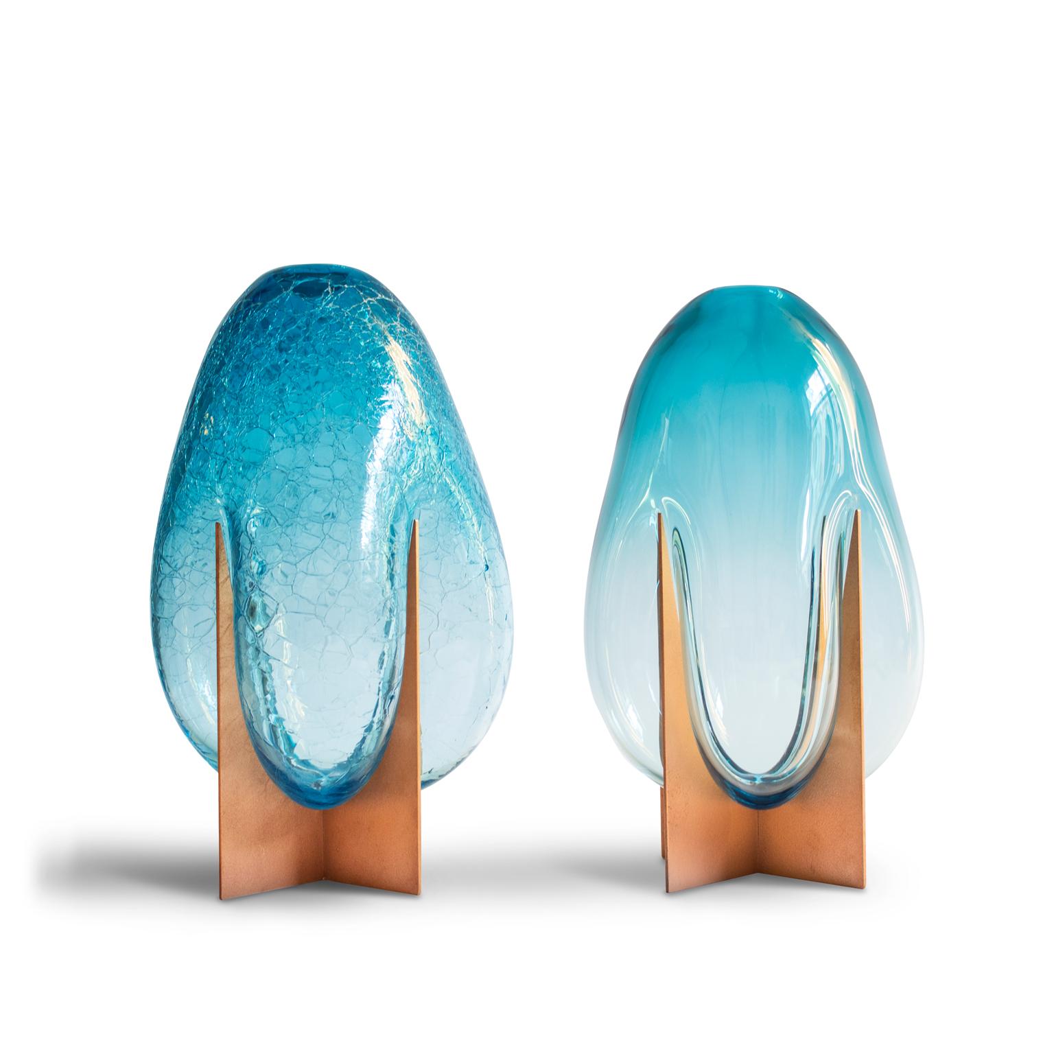 Italian Venturi Pear Blue Crackle Vase, Murano Glass and Metal by Lara Bohinc, in Stock