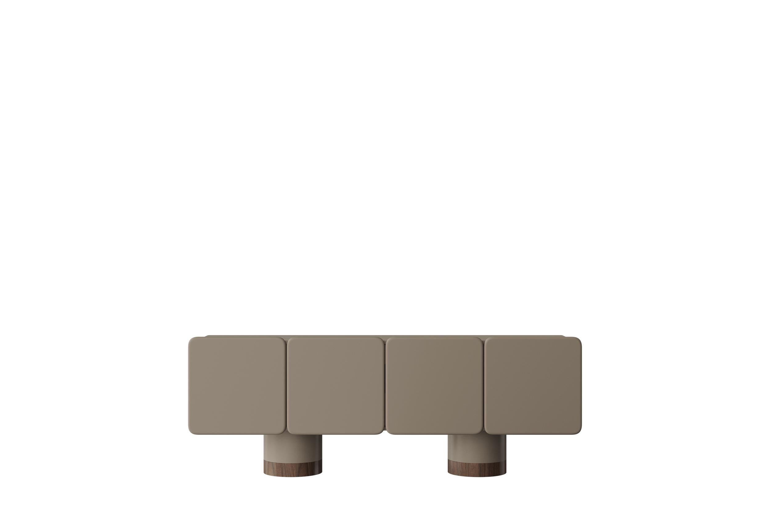 Venus, 4 Rounded Doors Sideboard on Two Cylinder Legs in Lacquer by Ultramobili
Dimensions:  W 225 x D 53 x H 83 cm
Materials: Lacquered structure in mat or gloss finish. Cabinet interior with wooden or lacquered drawer and shelves. Cylindrical base
