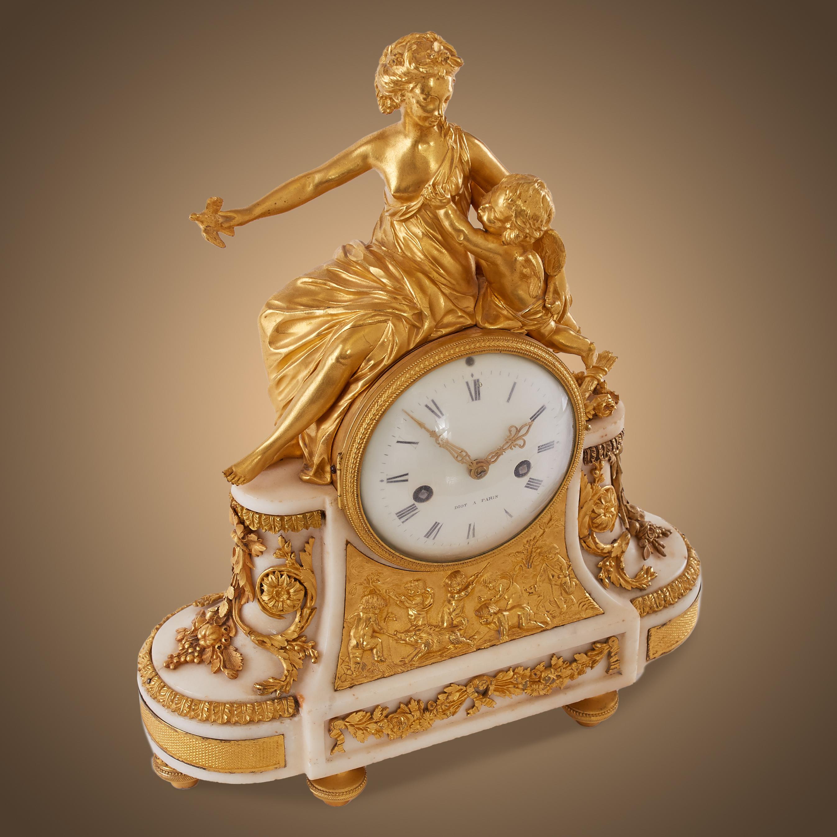 The Ancient Roman personifications of love and desire, Venus and Cupid, feature on this this fantastic Louis XVI mantel clock. Finely cast in resplendent gilt bronze, they are shown with a dove on Venus's hand, another ancient symbol of love. Venus