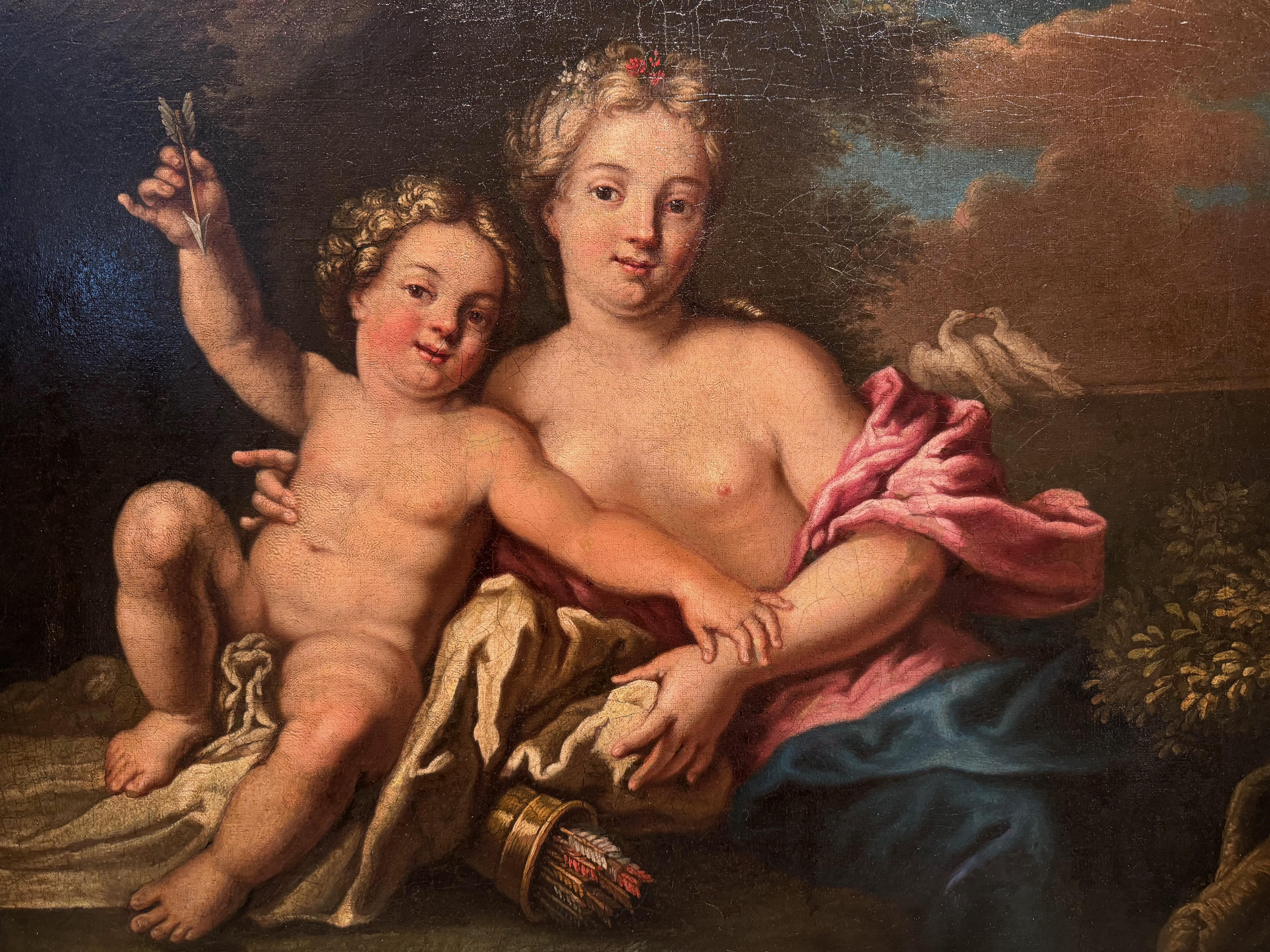 Öl auf Leinwand (vielleicht eine dekorative Türverkleidung?), die Venus und die Liebe in der Gestalt von Amor, ihrem Sohn, zeigt.
Venus, die Göttin der Liebe, der Verführung und der Schönheit, lehnt halbnackt und hält die Liebe in ihrem rechten